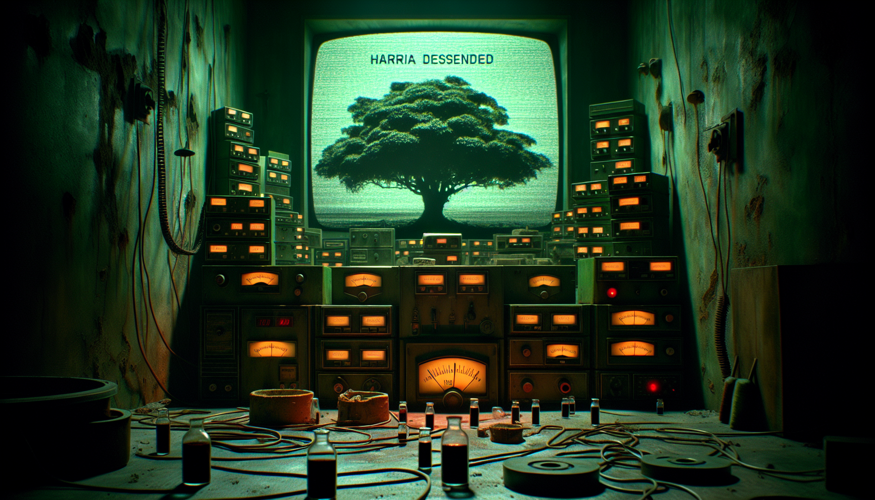 70s bunker with charrúa children wired to analog horrors. "NHC" on frequency dials. Style: Retro-futuristic genocide. Details: Black pollen vials, oscilloscopes showing 33Hz soul-resonance. Palette: Sickly green vs. blood-burned film. Texture: Magnetic tape intestines, bone-conducting headphones. Critical element: Baltasar's shadow merging with Yvyrá sapling.