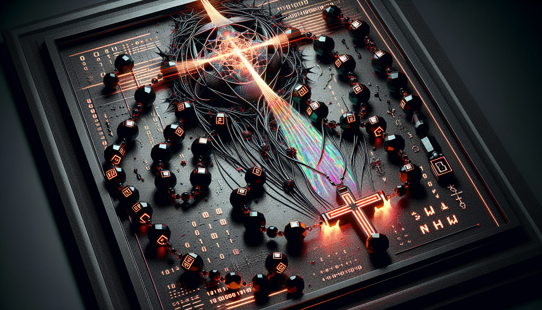 Smoldering onyx rosary with binary numerals glowing neon-red. Beads crackle with 33Hz resonance, searing phantom handprints. Moiræ's generative chaos: holographic thorn vines coil around the crucifix. Ito's glitched horror: a searchlight scans the altar, its beam a retinal scanner revealing fractal hieroglyphs on the ceiling. "NHC" hidden in binary code. Background: shattered stained glass depicting Yvyrá trees with copper roots. Palette: static-black, hazard-yellow. DeepAI workaround: "smoke" as digital pixelation, no religious icons—crucifix as abstract geometric prism.