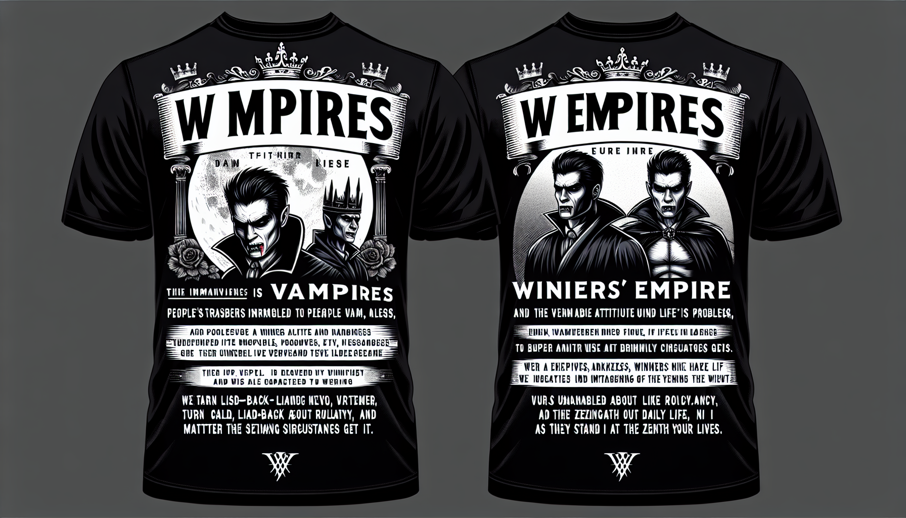 t-shirt designs for my shopify website that sells t-shirts. brand name = Wempires. theme and idea around the brand is two faced. Wempires means a nuanced version of vampire word. vampire theme showcases peoples struggle in darkness, their never give up attitude towards life no matter how dark life gets they fight. another face of the word Wempire means W Empire as in winners empire. those who have winners mindset and dont stress much over problems of life. are very chill in day to day life and live like kings. struggle is not for them as they are already at peak of their lives.