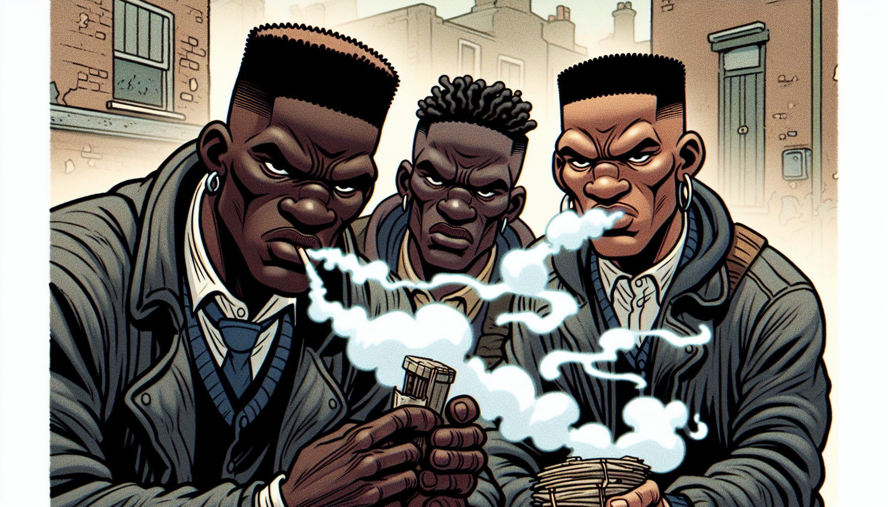 Dark skinned UK Type cartoon, hard looking guys smoking weed straight up on the block, 