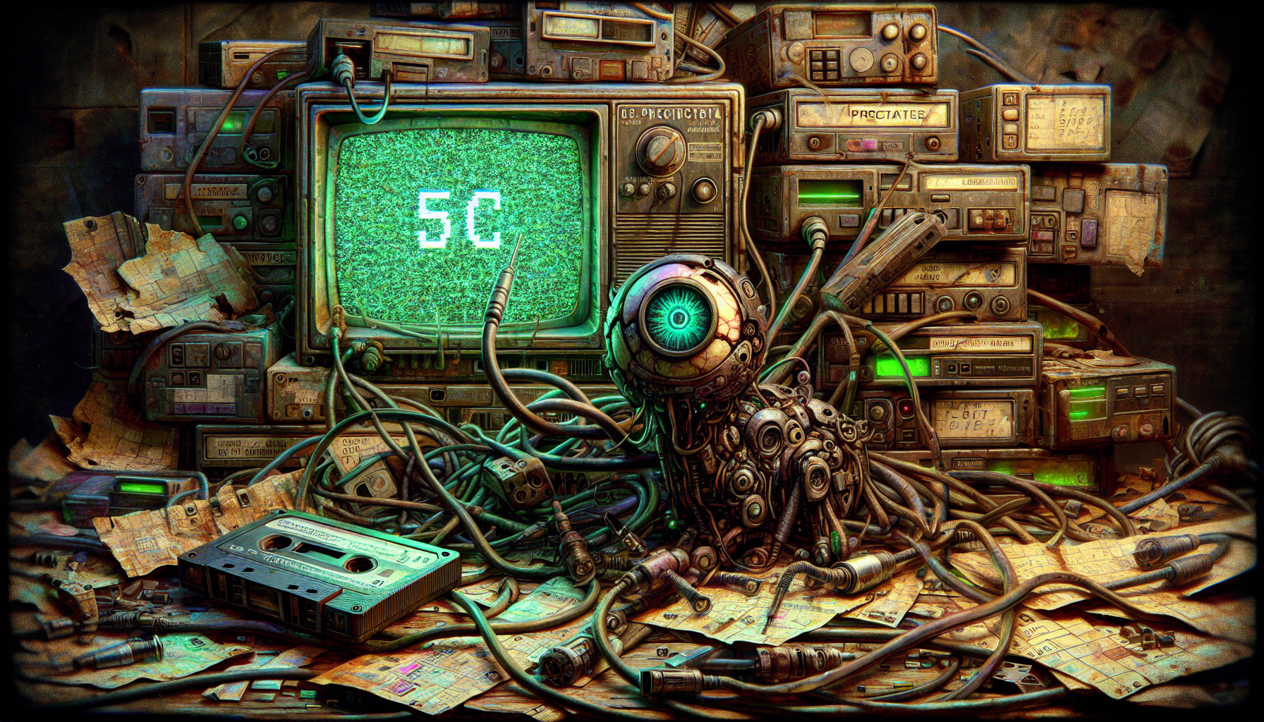 "A cluttered desk: the Zenith VHS-666 spews cables into Chernobyl maps marked with Mbwiru Ekoi symbols. A mutant Tamagotchi watches with button eyes, its copper scars glowing. A Philco Predicta TV flickers '33' in green static. 'NHC' hides in cracked screen pixels. Style: Simon Stålenhag's decay fused with Dave McKean's surreal glitches. Palette: Rusted browns, neon-green decay. 666 chars."