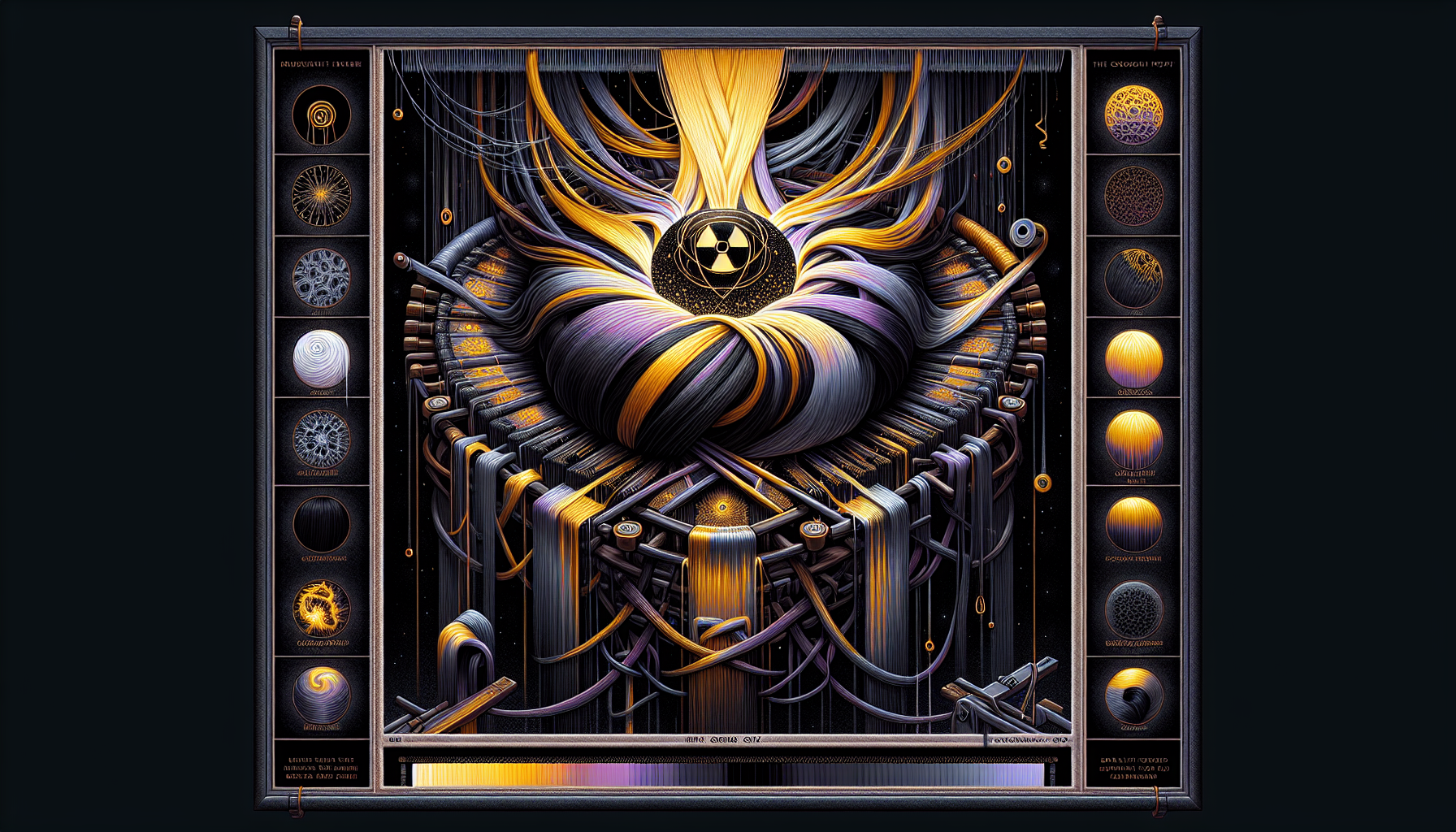 "An obsidian loom weaves threads: gold (Spectra’s hair), silver (Charrúa tears), black (Chernobyl pollen). Code Enochian roots spell 'NHC'. Style: Marcin Jakubowski’s biomechanics fused with Yoshitaka Amano’s silk flow. Palette: Void blacks, toxic neon. Signature: 'NHC' in a silicon knot. 666 chars."