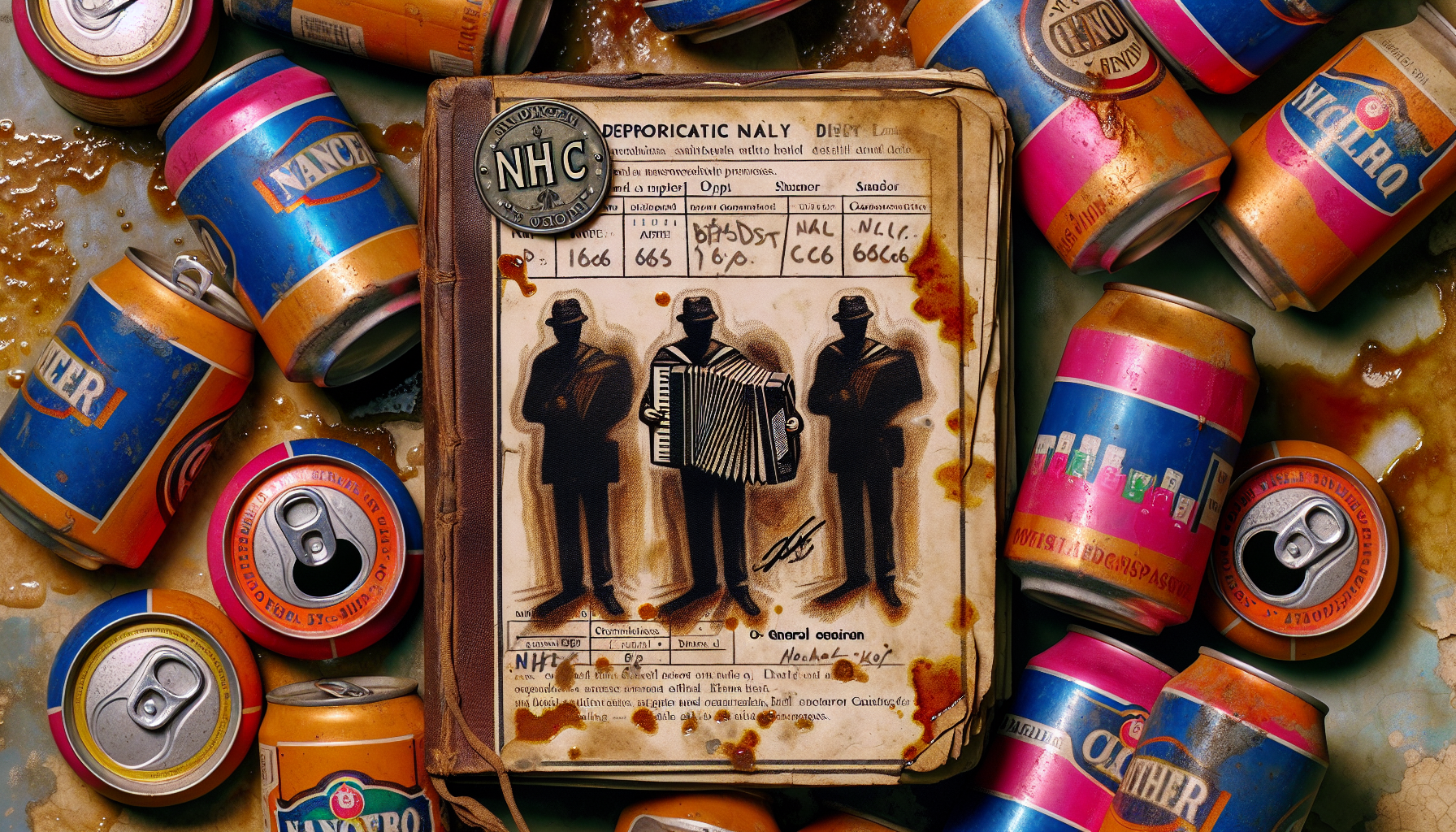 "A waterlogged journal lies amid Patria beer cans. Pages show stalkers merging with Accordionist graffiti. 'NHC' bleeds in AstroPop ads. Style: Karla Ortiz’s realism fused with glitch art. Palette: Sepia rot, neon-pink glitches. Signature: 'NHC' on a rusted Pix token. 666 chars."