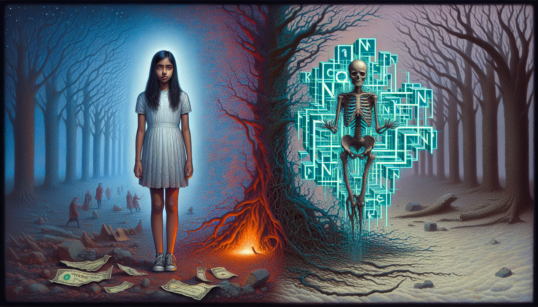 "A girl stands amid quantum debris: two realities split (pixelated decay vs. Yvyrá’s roots). 'NHC' glows in superimposed bones. Style: Simon Stålenhag’s desolation meets Marcin Jakubowski’s horror. Palette: Dueling blues/reds. Signature: 'NHC' on a burnt bill. 666 chars."