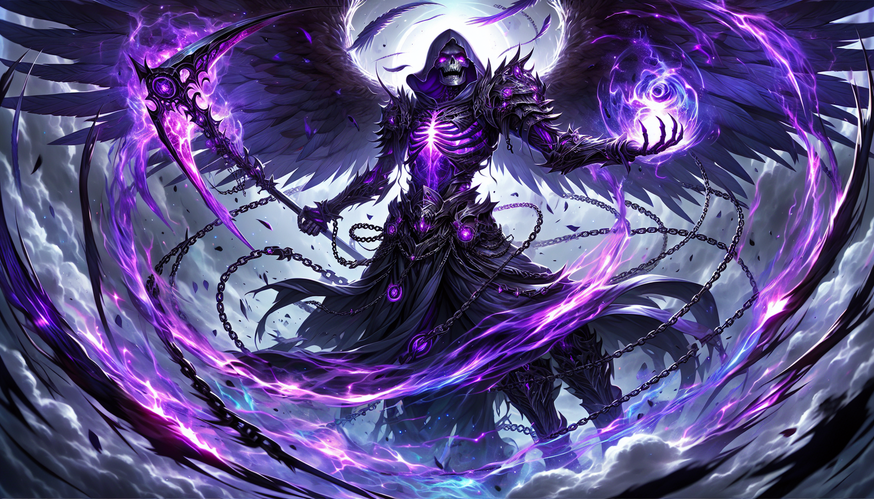 A powerful warrior stands in the eye of a demonic storm, his entire body crackling with violet energy. His armor glows with pulsating eldritch runes, and his blackened wings spread wide, shrouded in dark mist. His scythe radiates an aura of death, and his sword vibrates with unstable energy, ready to shatter reality. Ethereal chains coil around him like sentient creatures. Hyper-detailed anime dark fantasy, ultra-HD, apparel-ready.