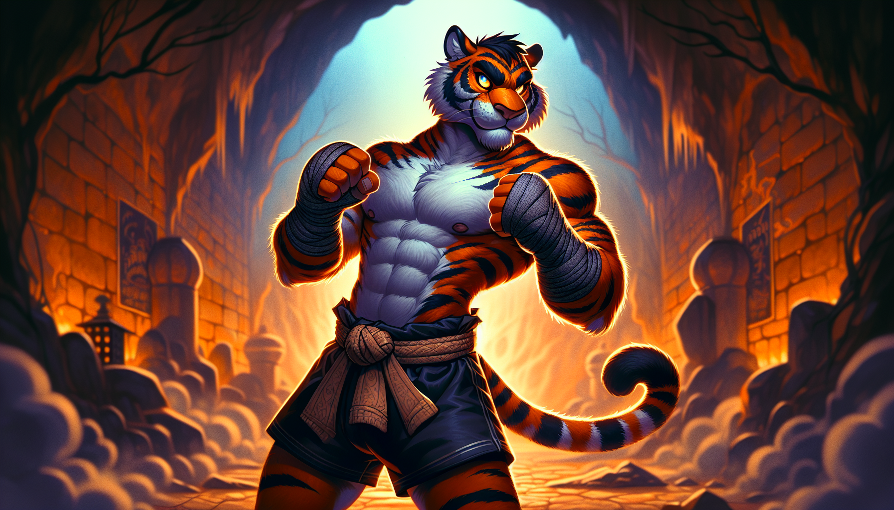 scene of a powerful anthropomorphic tiger Muay Thai fighter, embodying strength, protection, and conviction. The tiger, with vibrant orange and black fur, stands in a dominating fighting stance, showcasing the traditional Kard Chuek wrapped around its hands and forearms. Its intense gaze locks onto the viewer, exuding authority over its subordinates. The underground fighting lair is enveloped in mystic smoke and atmospheric lighting, creating a dark fantasy atmosphere.