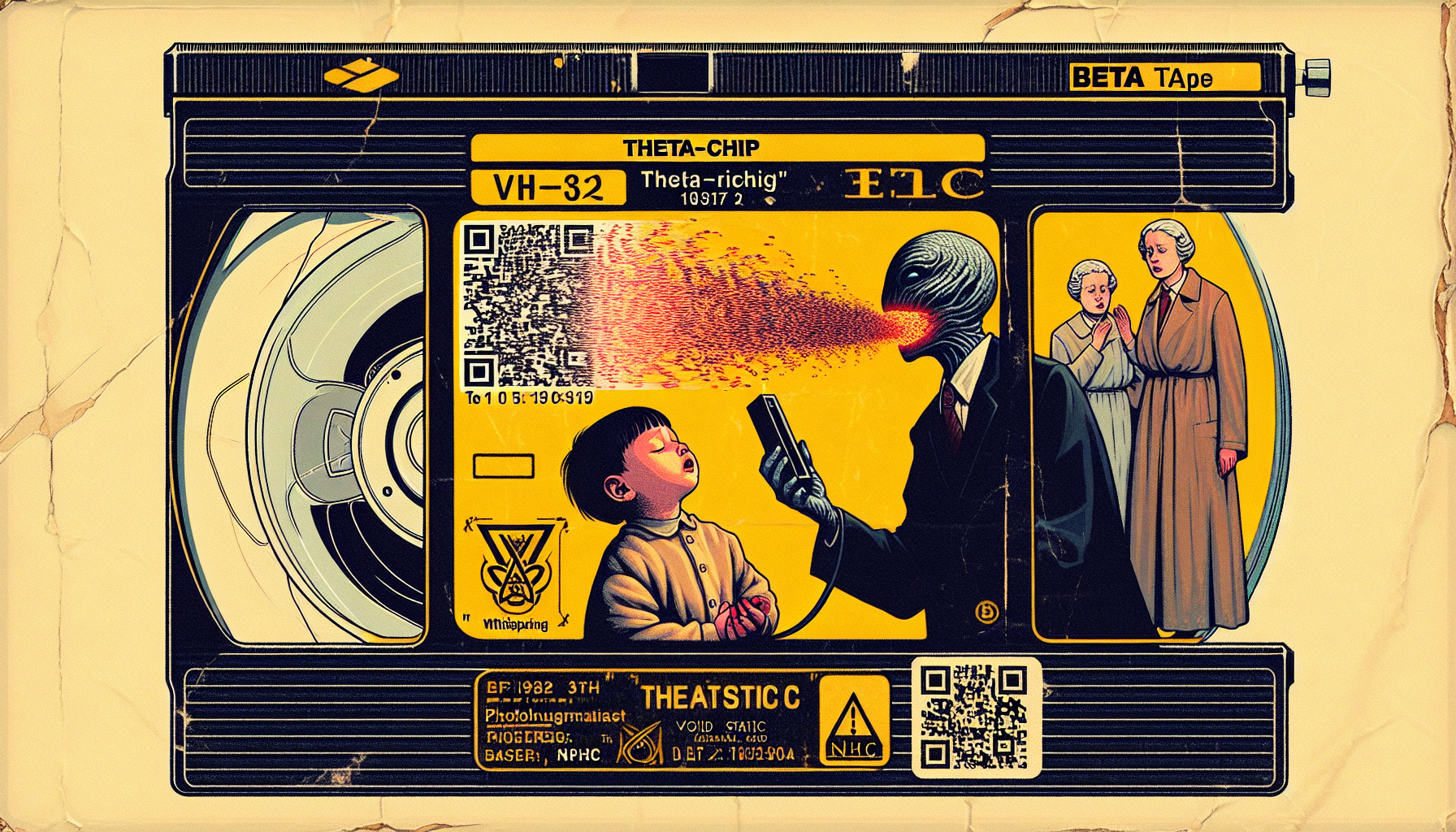 "A VHS glitches: child Rulo receives a theta-chip as Baltasar whispers. Static consumes them, leaving 'NHC' in QR blood. Style: Retro VHS distortion meets Karla Ortiz’s raw emotion. Palette: Nostalgic yellows, void static. Signature: 'NHC' on a Beta tape label. 666 chars."