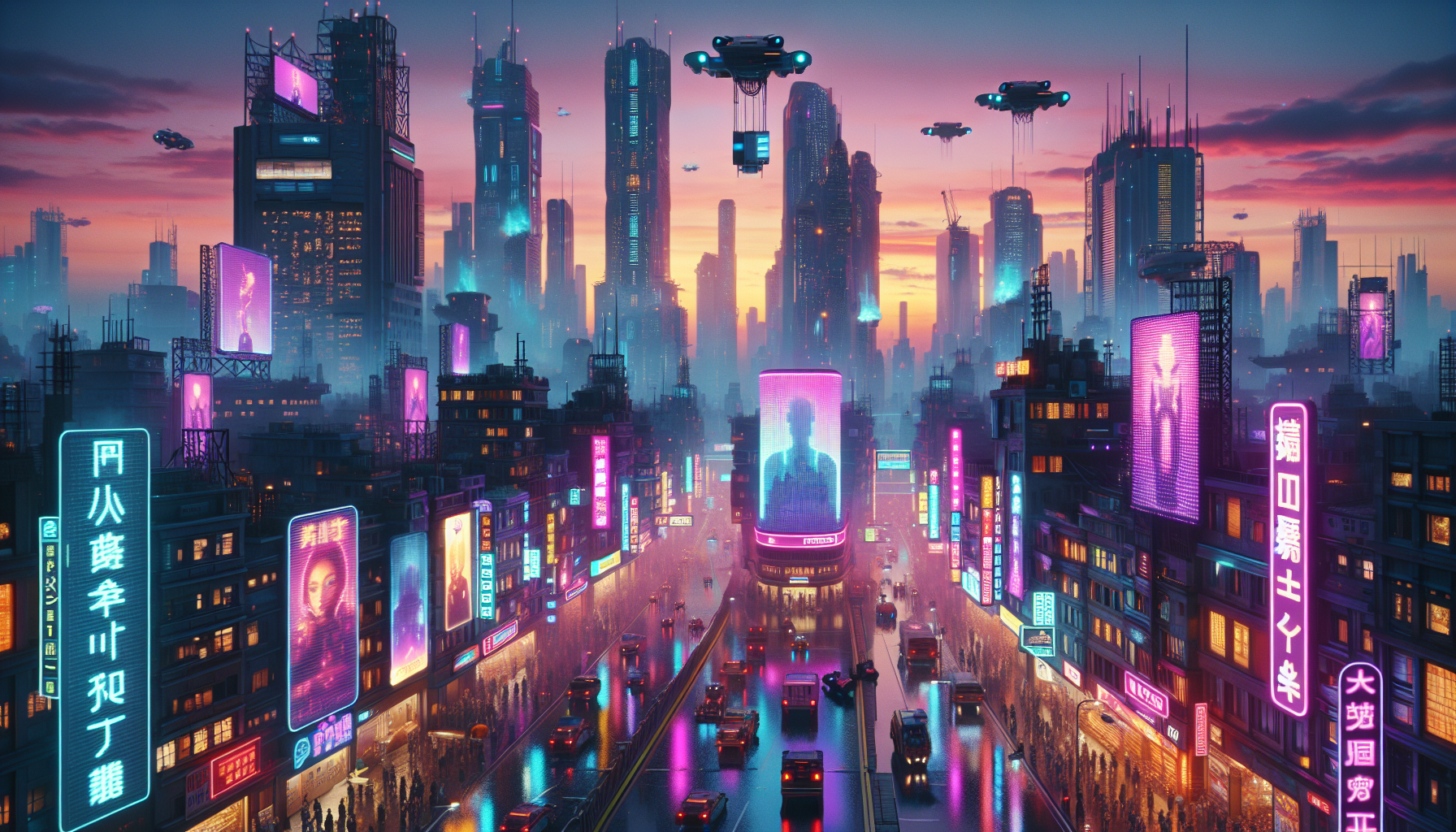 Une ville cyberpunk au crépuscule :

Des néons multicolores illuminent les rues humides de la ville, avec des panneaux publicitaires flottants et des véhicules volants se faufilant entre des gratte-ciels gigantesques. Les rues sont pleines de personnages en vêtements futuristes et d'androïdes, tandis que le ciel crépusculaire se pare de teintes violettes et oranges. Des hologrammes géants flottent au-dessus des bâtiments, créant une ambiance chaotique mais fascinante.