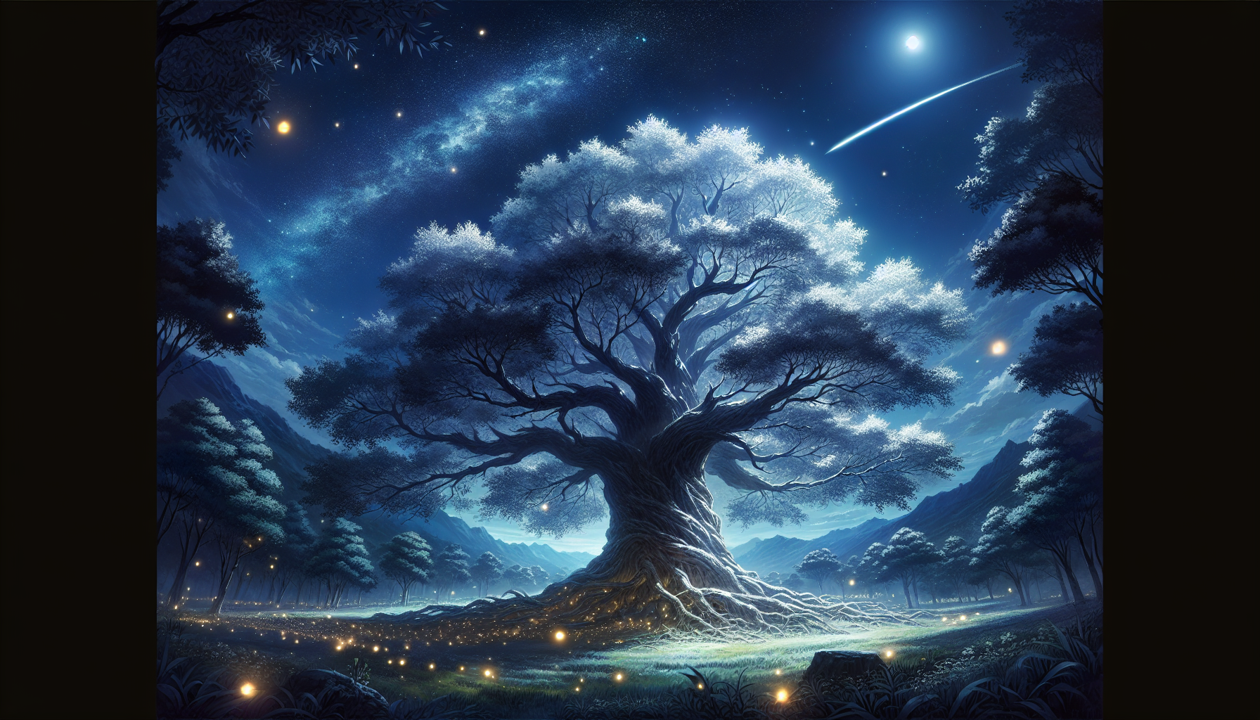 La rencontre d'un arbre ancien et d'une étoile filante :

Description : Un arbre millénaire, dont les racines profondément ancrées semblent toucher le cœur de la Terre, se dresse fièrement dans une clairière baignée par une lumière douce et lunaire. Ses branches s’étendent comme des bras protecteurs, chacune ornée de feuillage argenté. Une étoile filante traverse le ciel nocturne, illuminant la scène d'une lueur magique. La lumière de l’étoile semble se connecter avec l’arbre, comme un souffle de l’univers. Des lucioles flottent autour de l'arbre, formant un ballet lumineux dans l’air frais de la nuit. La scène dégage une impression de calme infini et de connexion entre la terre et le ciel, le tout baigné dans une atmosphère mystique.