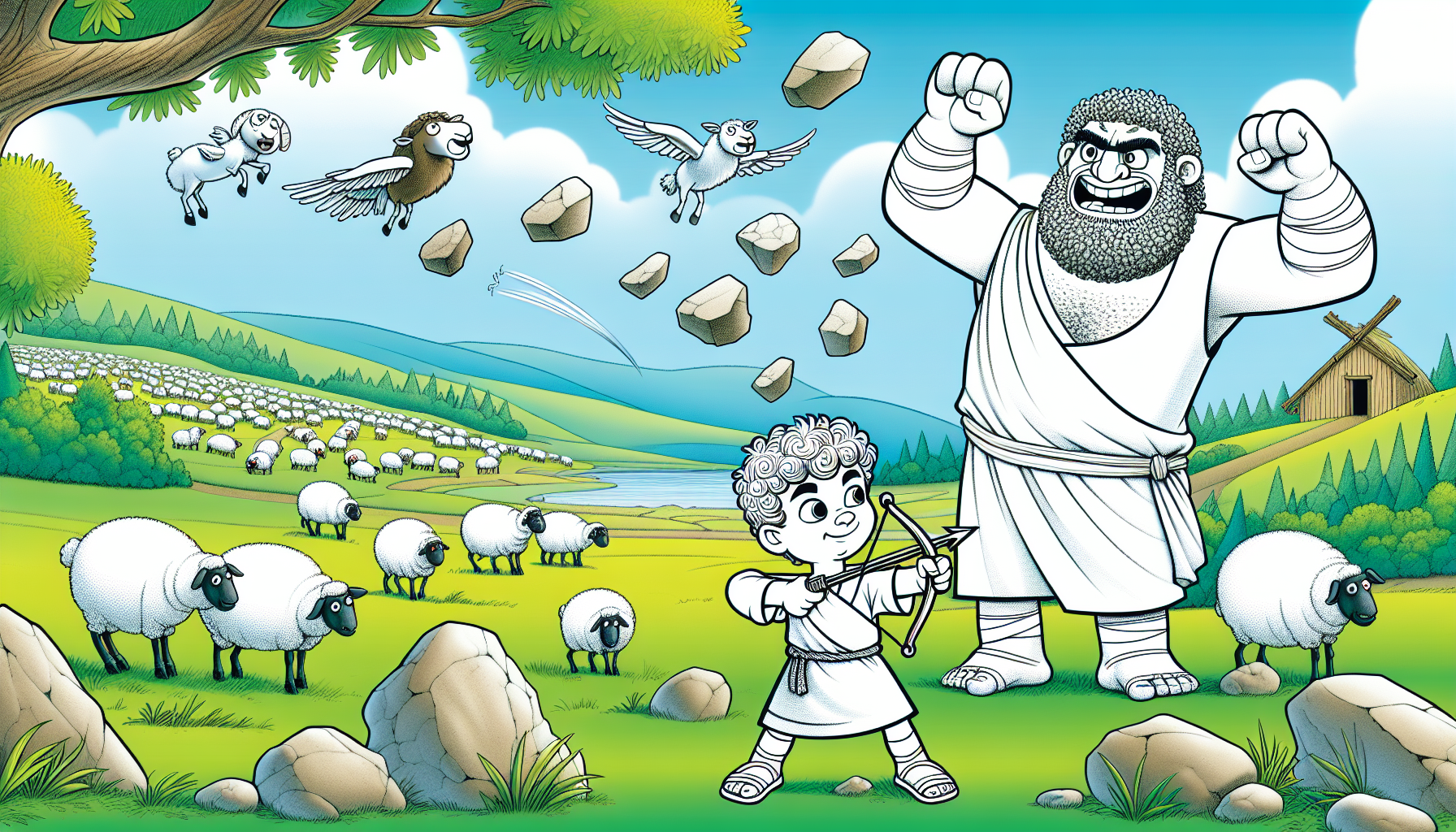 Funny coloring sheet: Little David with slingshot, giant Goliat looking surprised, cartoon rocks flying, sheep grazing in background, exaggerated sizes (tiny David, huge Goliat), thick outlines, no violence