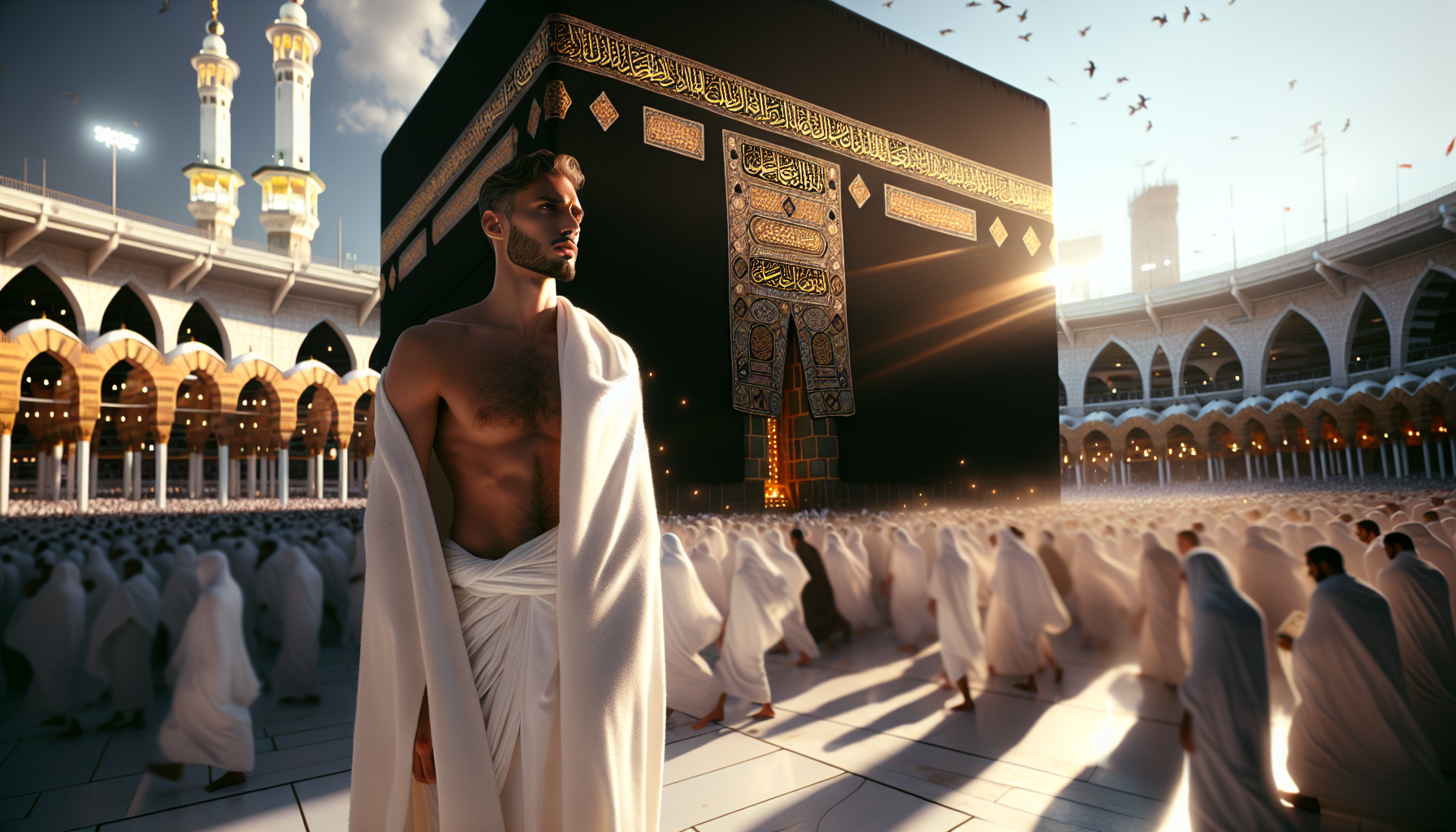 
"A high-quality photograph of a man wearing ihram (a pure white izar and robe) standing next to the Kaaba in the Grand Mosque. The izar is tied tightly around the waist, and the robe is loose on the shoulders in a natural way, with part of his chest exposed. The atmosphere is spiritual and solemn, with warm golden lighting touching the black edges of the Kaaba, which are decorated with golden lines of Quranic verses. The crowd around the Kaaba appears dimly in the background, with the light focused on the man in ihram. The sky is clear blue with light clouds, and the edges of the Grand Mosque are visible in the distant background. The photograph suggests reverence and spirituality, with subtle details in the folds of the cloth and calm facial expressions."

 - Add: **"Ultra-realistic, 8K, cinematic lighting, intricate fabric details, atmospheric depth, Hasselblad photography style"**
- For dramatic lighting: **"Golden hour lighting with soft shadows, divine ambiance"**
- To enhance the spiritual atmosphere: **"Ethereal glow, subtle motion blur in the background to emphasize stillness of the main subject"**