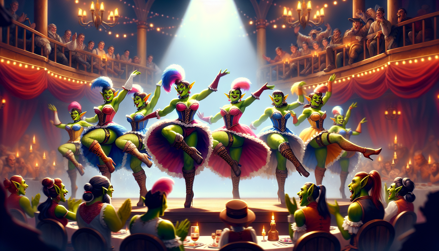 In a vibrant and lively cabaret, female orcs are dancing the can-can with energy and enthusiasm. They wear colorful costumes with flowing skirts and fishnet stockings, kicking their legs to the beat of the music. Other orcs, seated at tables around the stage, watch joyfully and applaud. The lighting is warm and festive, with bright lights highlighting the vivid colors of the costumes and the joyful atmosphere of the scene.