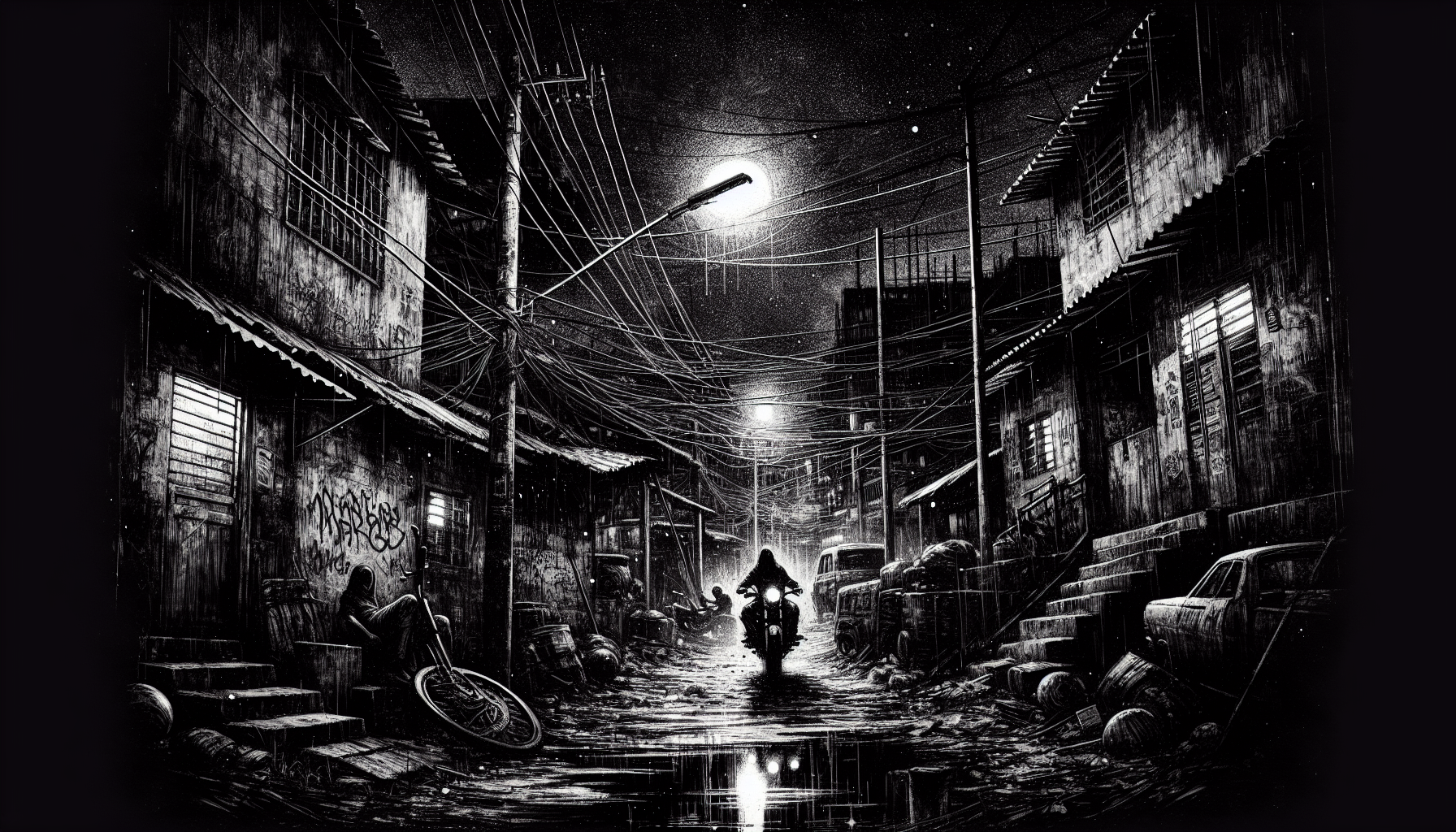 Night in the Attecoubé Ghetto
(Black and white sketch, high contrast, dramatic style)
A dark alley in Attecoubé late at night. Dilapidated houses with graffiti-covered walls, overturned trash cans. In the distance, shadows move silently under a broken streetlight. A motorcycle speeds past, its headlight briefly illuminating a group of young men in ragged clothes, their eyes wary.