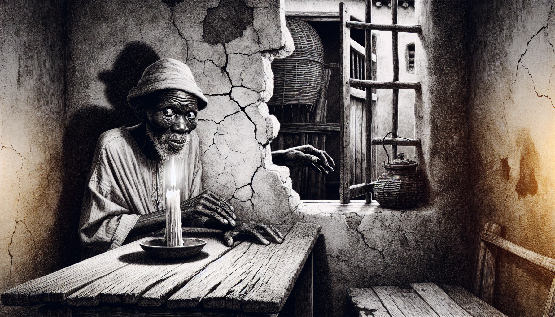 A Hidden Witness Observes the Scene
(Black & white sketch style, crime film atmosphere, African street scene) From a broken window in a modest African house, an old African man watches the scene with worry. His hands tremble, his wrinkled face marked by fear. He knows what happens to those who talk. Behind him, a candle flickers on a wooden table, casting his shadow on the cracked wall.