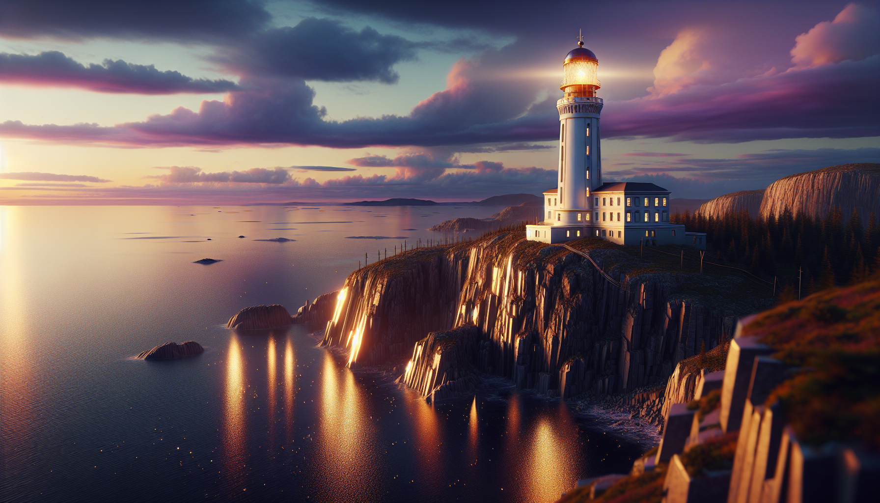  Un phare solitaire sur une falaise, baigné de lumière dorée au crépuscule
Détails : Un phare majestueux, d’un blanc éclatant, se dresse fièrement au sommet d’une falaise escarpée, surplombant l'océan calme. Le ciel est un mélange de teintes roses, orangées et pourpres, alors que le soleil se couche lentement. La lumière dorée du crépuscule se reflète sur les vagues calmes, créant des éclats d’or à la surface de l’eau. L'air est frais et légèrement salé, et on entend le doux bruit des vagues qui se brisent contre la falaise. Le phare, solitaire et puissant, semble garder le monde à l'abri de l’obscurité qui s’approche.