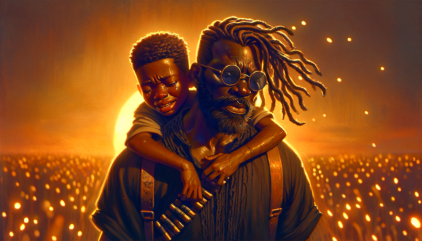Masterpiece, best quality, highly detailed, Studio Ghibli anime style.  
A strong Ivorian man with dark skin, short twisted dreadlocks, and sunglasses (Didi B) carries a younger man on his back like a father carrying his son.  
The younger man (Himra) has long dreadlocks flowing down, wears a black oversized T-shirt, and is crying softly while clinging to the man's shoulders.  
The scene is bathed in warm sunset colors, with golden light reflecting on their skin.  
Soft glowing particles float in the air, enhancing the mystical and poetic atmosphere.  
Hand-painted textures, cinematic composition, soft brushstrokes.  
Inspired by Ghibli’s storytelling, deep emotions, and warm lighting aesthetics.  
