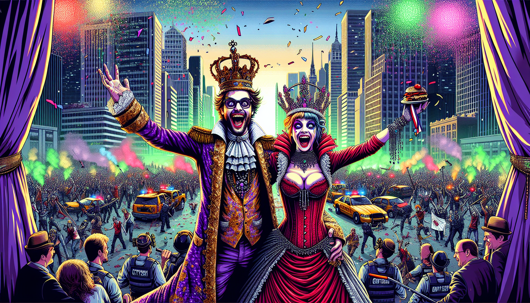 Joker and Harley Quinn, dressed as twisted monarchs in lavish royal attire, stand atop a grand stage in the heart of Gotham. Joker wears a tattered purple-and-gold robe with a jagged crown, while Harley dons a crimson corset dress and a jeweled, asymmetrical tiara. Their deranged grins dominate the chaotic scene as they address their 'kingdom'—a frenzied crowd of Gotham's police, terrified citizens, and their own gleeful followers. Confetti rains down in neon greens and pinks, blending with smoke from overturned cars and fireworks. The city's skyline burns in the background, reflecting in their wild eyes as they revel in the anarchy
