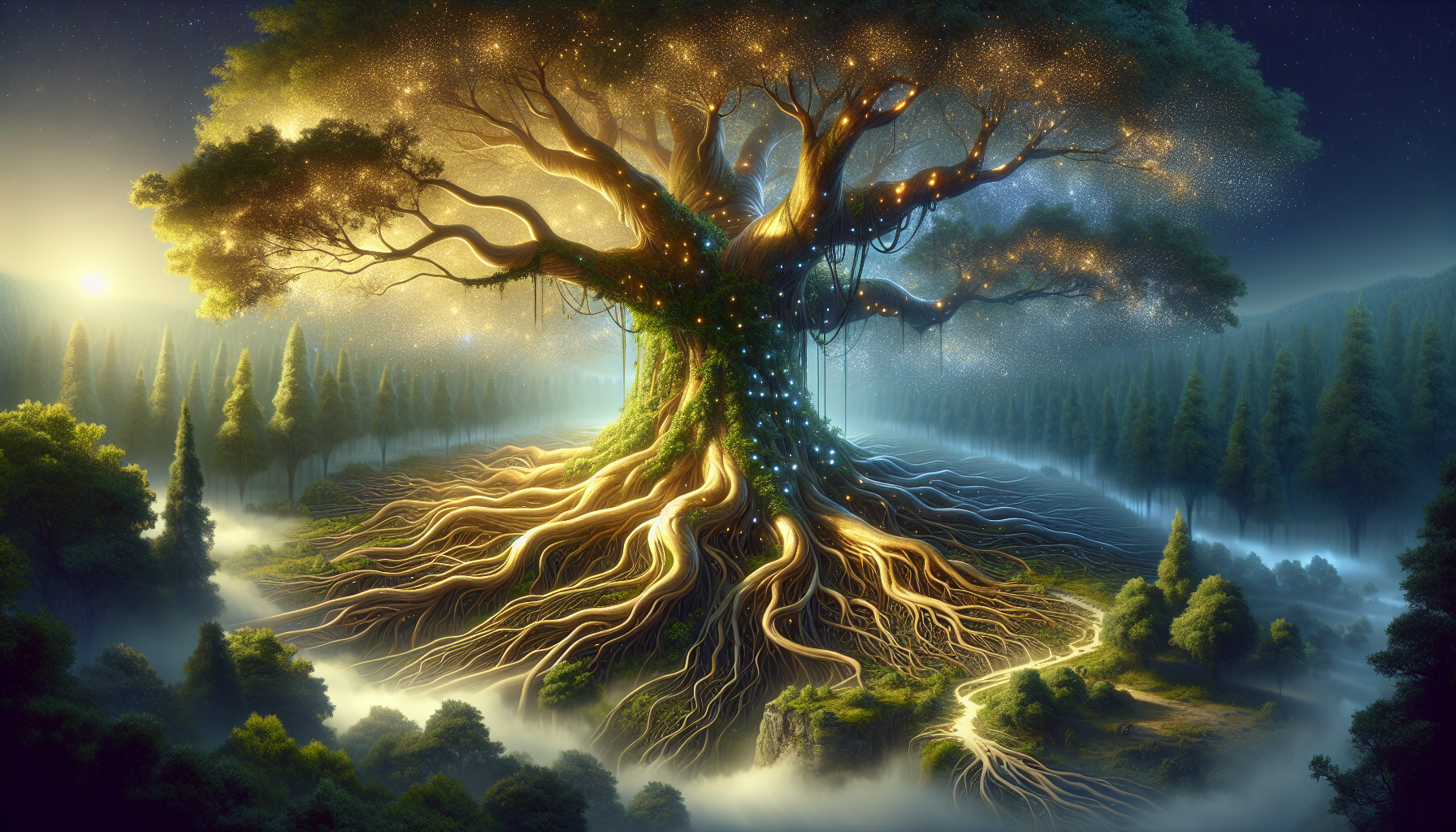 Un arbre gigantesque au tronc doré, dont les racines s'étendent comme un labyrinthe sous une forêt brumeuse, les feuilles scintillant de lumière argentée.
Cet arbre, majestueux et ancien, semble toucher le ciel. Son tronc massif est orné de lierre et d'herbes sauvages, avec des éclats dorés qui brillent à la lumière des étoiles. Les racines tordues s'enfoncent profondément dans le sol, formant un réseau labyrinthique où des petites créatures invisibles semblent se faufiler. Les feuilles de l'arbre ne sont pas ordinaires : elles brillent d'une lumière argentée, comme si elles étaient faites de pur cristal, créant une atmosphère de calme et de mystère. Une brume légère enveloppe la scène, accentuant l'impression d’un monde caché et magique.