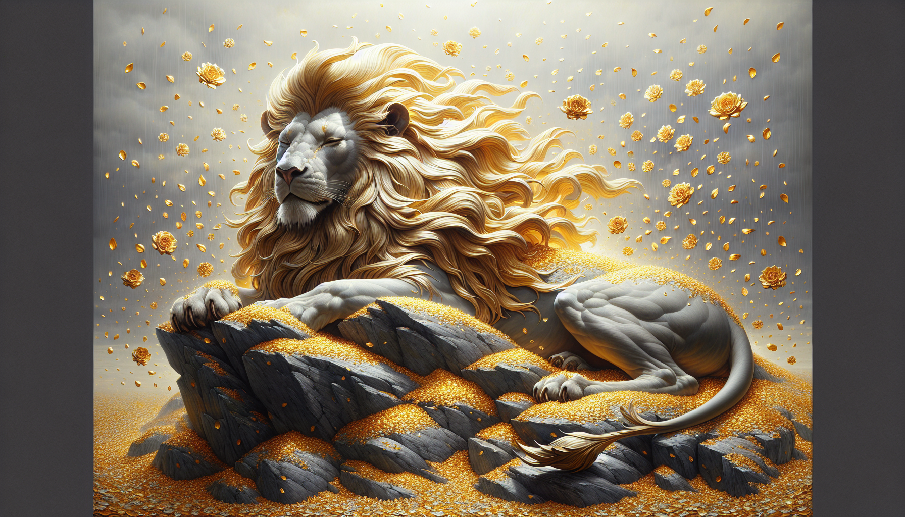 Un lion majestueux, avec une crinière d’or pur, reposant tranquillement au sommet d’une montagne, sous une pluie de pétales de fleurs en or et argent.
Le lion, imposant et calme, repose sur le sommet d’une montagne en pierre grise, sa crinière éclatant d’un or brillant qui semble capturer les rayons du soleil couchant. Autour de lui, une pluie de pétales d’or et d’argent tombe doucement, formant un tapis précieux au sol. L’air est frais, et une douce brise fait frémir les pétales. Le lion garde un regard serein et sage, comme s’il était le gardien éternel d’un royaume ancien et secret.