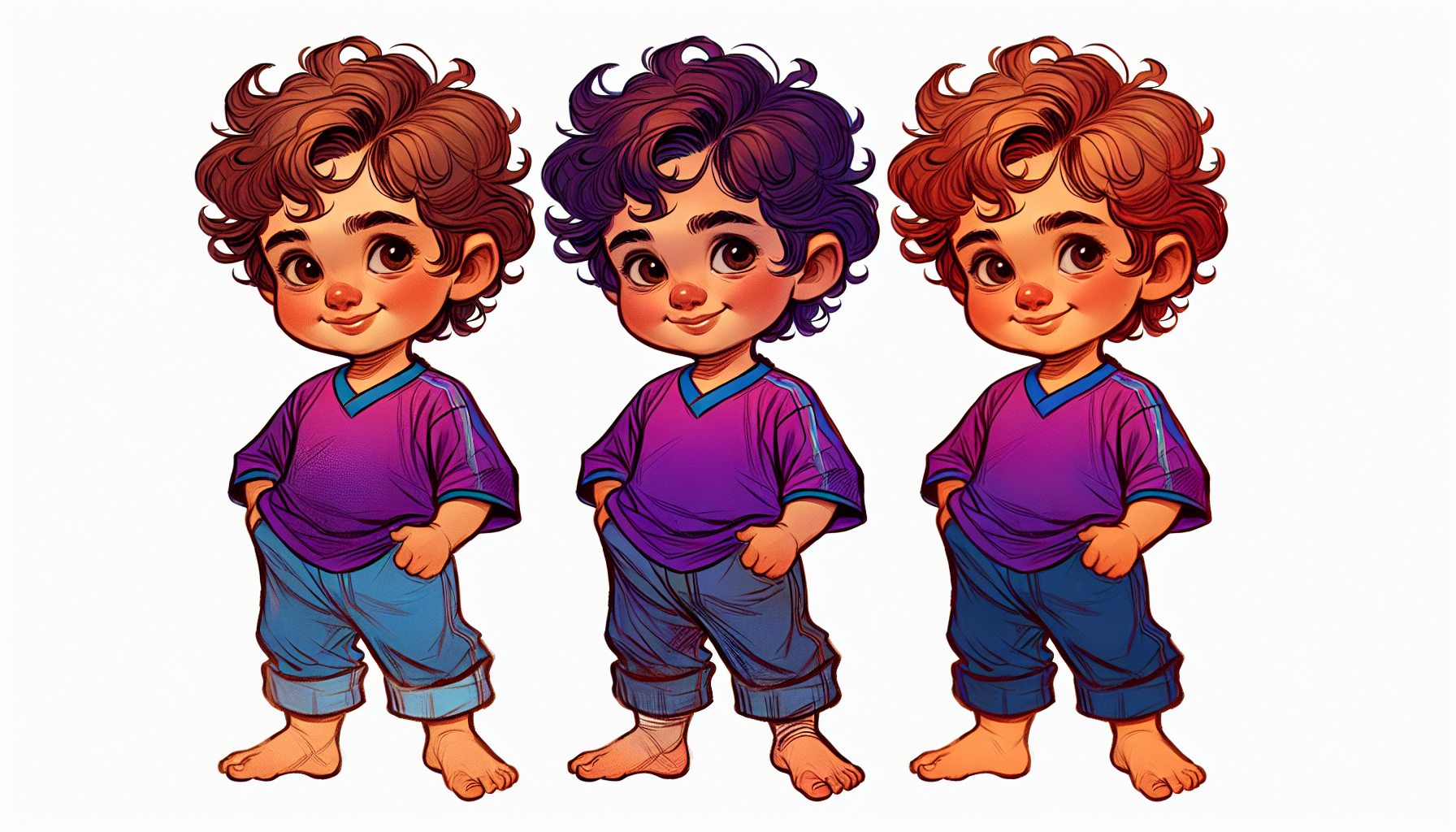 a 4 year old spanish kid with a violet jersey and a pair of jeans. Light brown curly hear and no shoes