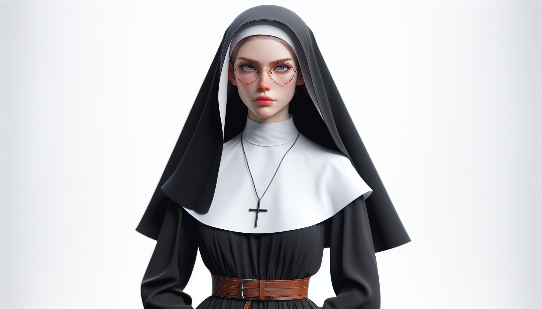 {{nun, adult woman, skinny, light-skinned female, glasses, cross necklace, 1girl, long black nun's tunic, white wimple, black nun's veil, cross necklace, blue eyes, brown cincture}} {{standing, composed, serious, furrowed brow, light frown,}} {{white background}}