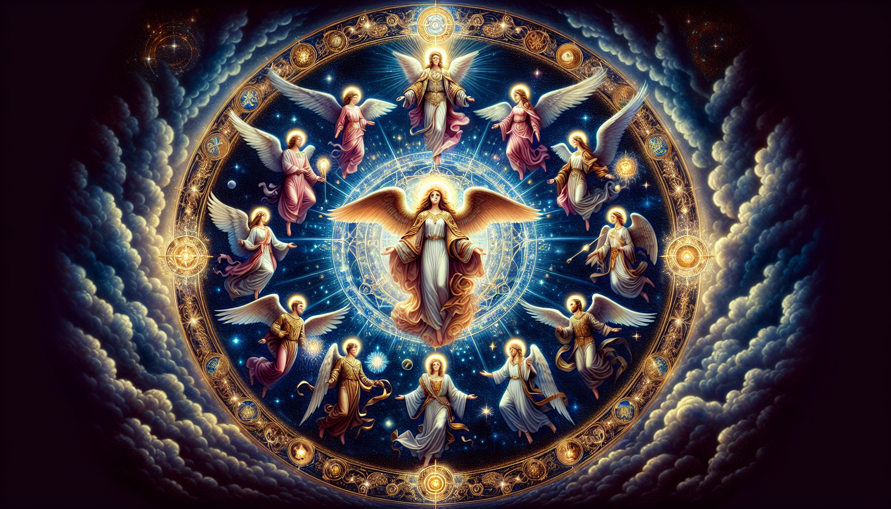 “Create a powerful and majestic celestial scene featuring the Seven Archangels of God, each represented with their unique divine characteristics, sacred colors, and spiritual gifts. They stand in a semicircle or radiant formation, surrounded by heavenly light and cosmic energy. Each Archangel should embody their divine essence:




