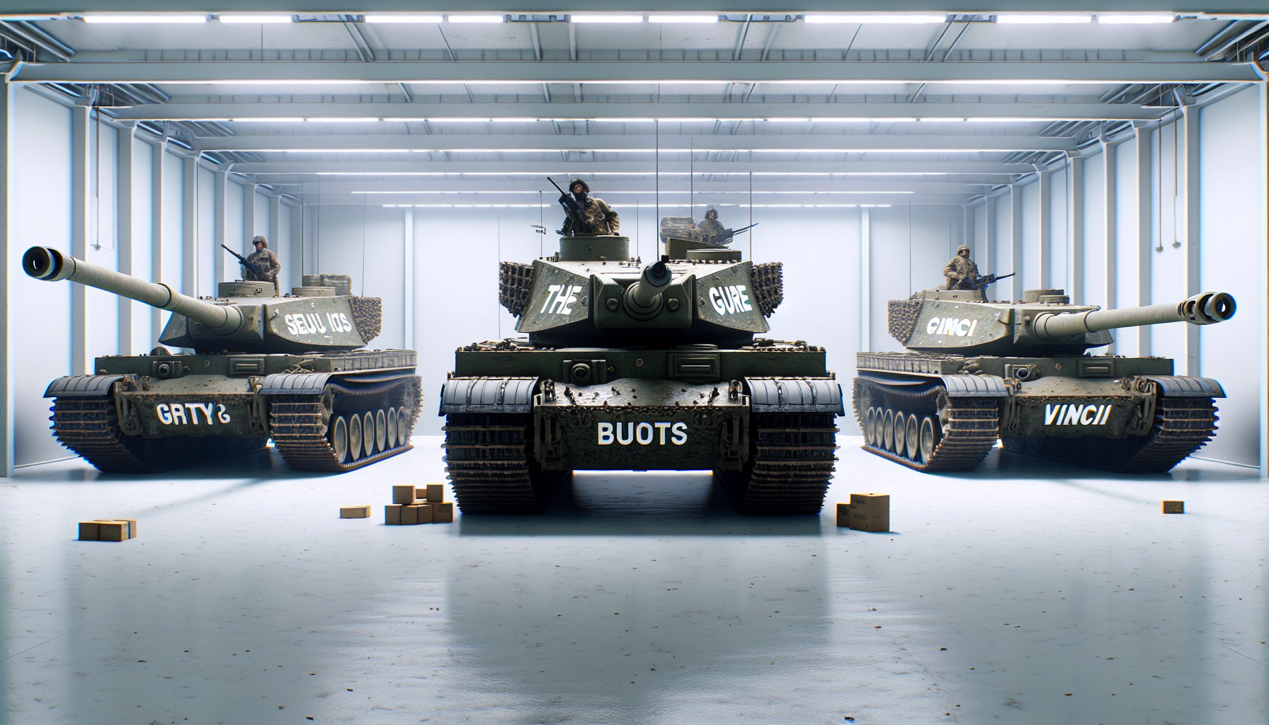 Scene of three imposing Tiger 2 battle tanks in an impressive but uncluttered environment, each tank having its own name marked on its chassis: "Boots", "The Guru", "Vinci"