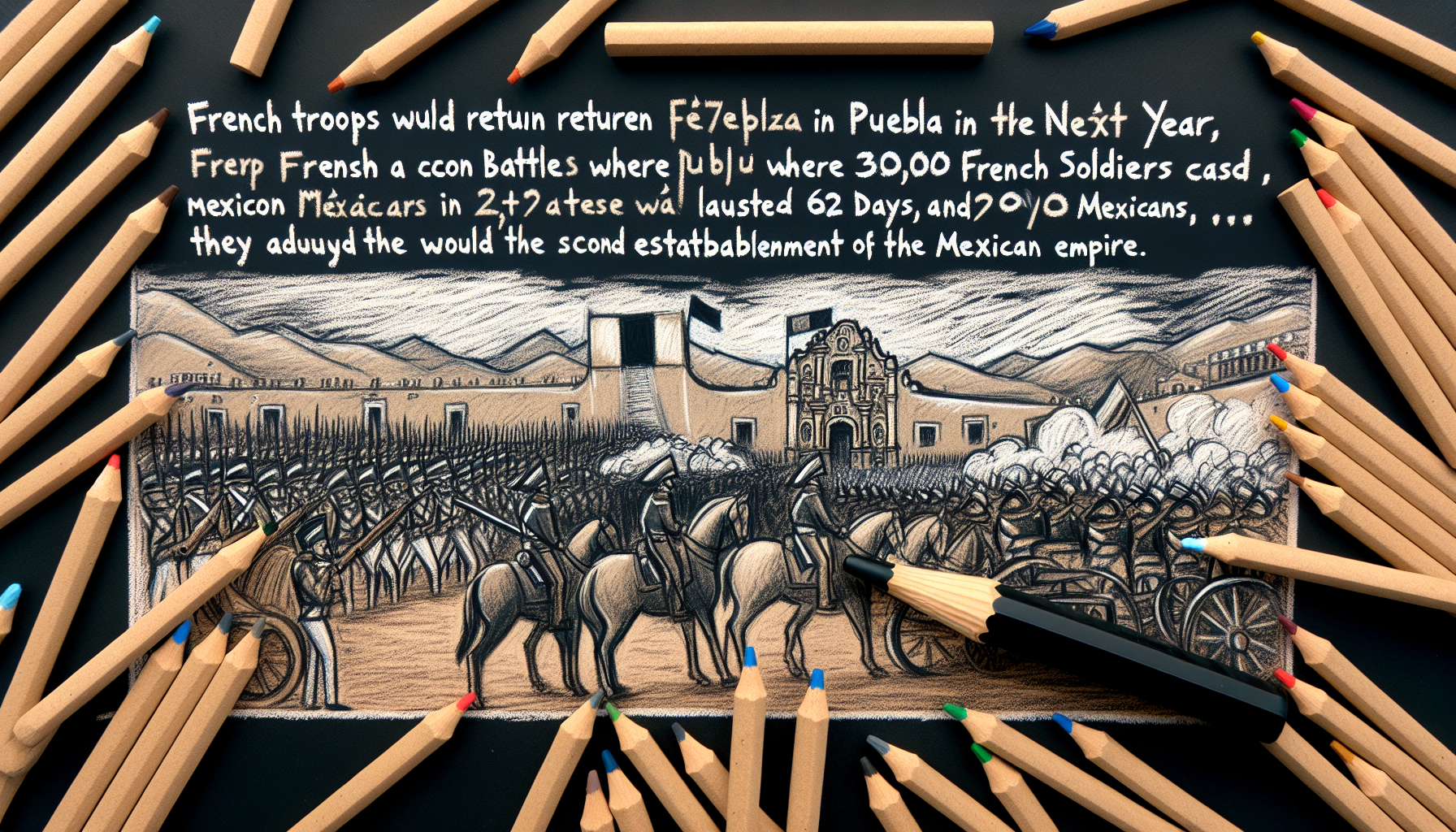 crea una imagen a partir del siguiente texto. Dichos franceses regresaría al siguiente año, librando una segunda batalla en Puebla en la que se enfrentaron 35 000 franceses contra 29 000 mexicanos, combate que duró 62 días, y lograrían avanzar hasta la Ciudad de México, lo que permitió establecer el Segundo Imperio Mexicano.