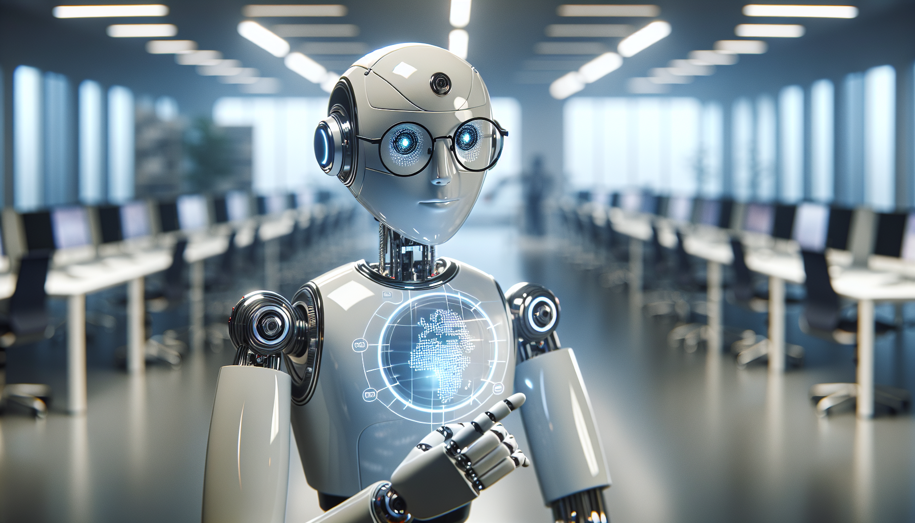 Desain fotorealistik karakter robot AI berkacamata berwibawa dan mempunyai keahlian dalam bidang prompting. dengan desain atau logo 'Siirpan' didalam gambar dengan jelas. Tampilkan dia di kantor yang dipenuhi peralatan canggih, dengan adegan sedang menganalisis data atau mengamati kultur se. tampilan holografik atau berkolaborasi dalam suatu proyek. Pencahayaannya cerah dan modern, dengan cahaya lembut yang menyebar menciptakan suasana yang bersih dan profesional, dengan cahaya halus di sekitar elemen teknologi AI.