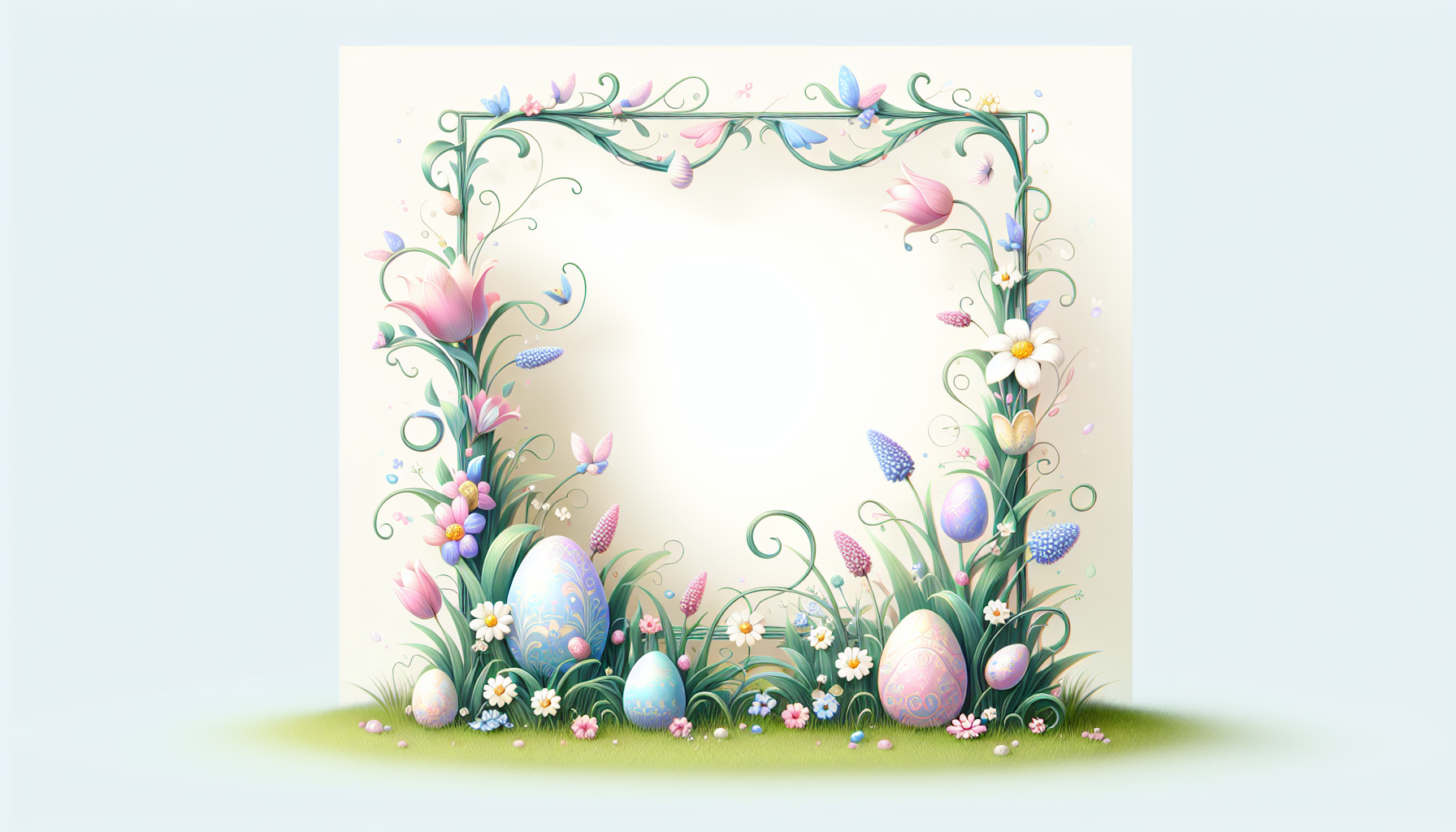 Generate a 2D digital illustration of a square-shaped Easter-themed avatar frame. The frame should have a soft pastel palette and a whimsical garden aesthetic. Include elements like grass, blooming spring flowers (daisies, tulips), and small pastel-colored Easter eggs (pink, yellow, blue, and lavender) nestled in the corners. The frame should have a light, airy feel, with curved vines or tendrils lightly wrapping the edges, giving it a magical springtime look. Leave the center transparent to allow for a user’s avatar.