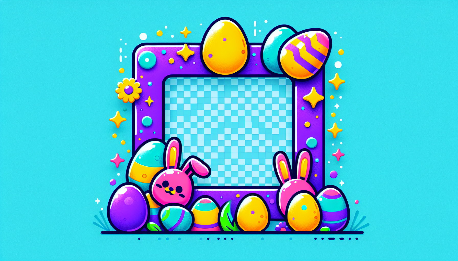Create a 2D digital illustration of a square-shaped Easter-themed avatar frame with a bolder, more playful design. Use vibrant Easter colors (purple, yellow, turquoise, and bright pink). Decorate the corners with oversized Easter eggs, a bunny peeking in from one corner, and confetti or sparkles scattered across the frame. The structure should be solid, with thicker borders and a fun, cartoon-like style. Keep the center transparent to insert a user’s avatar.