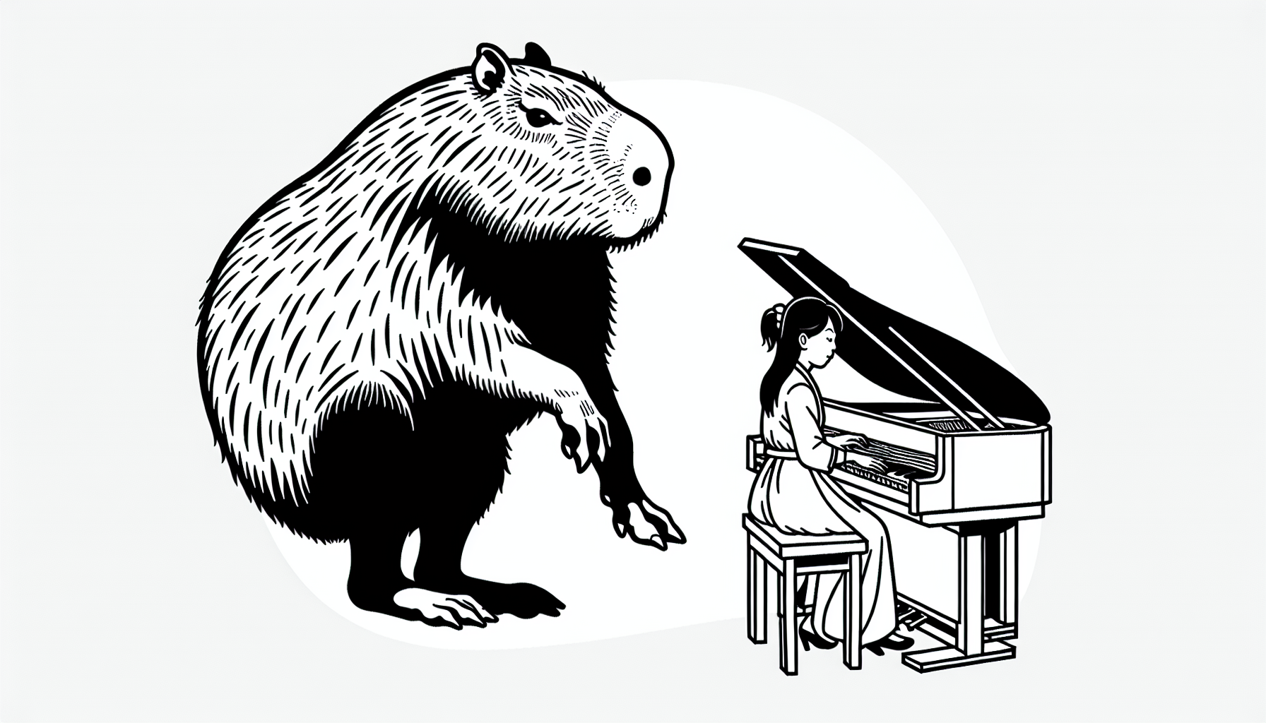 Capybara for a coloring book, in anime style. Thick black lines. A pianist.

