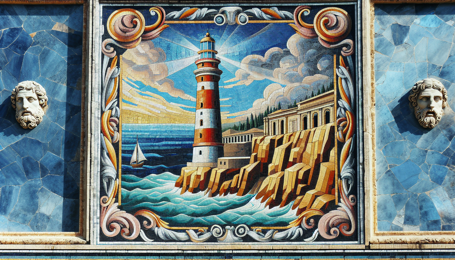 Primer plano de un faro marino realizado en mosaico romano