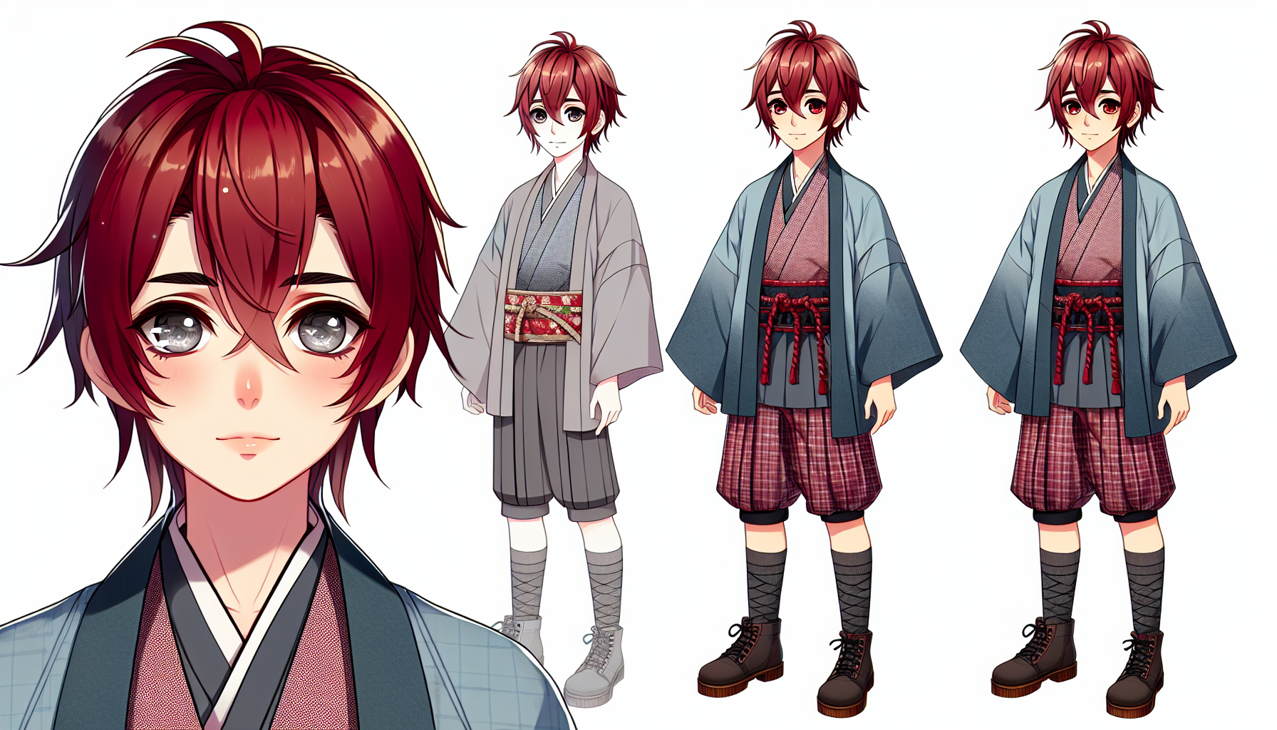 全身
スタイルが良い
背景なし

赤髪
灰色の眼
かわいい少年
たれ目
妖艶
夏祭り

和風な服装。羽織
ブーツを履いている