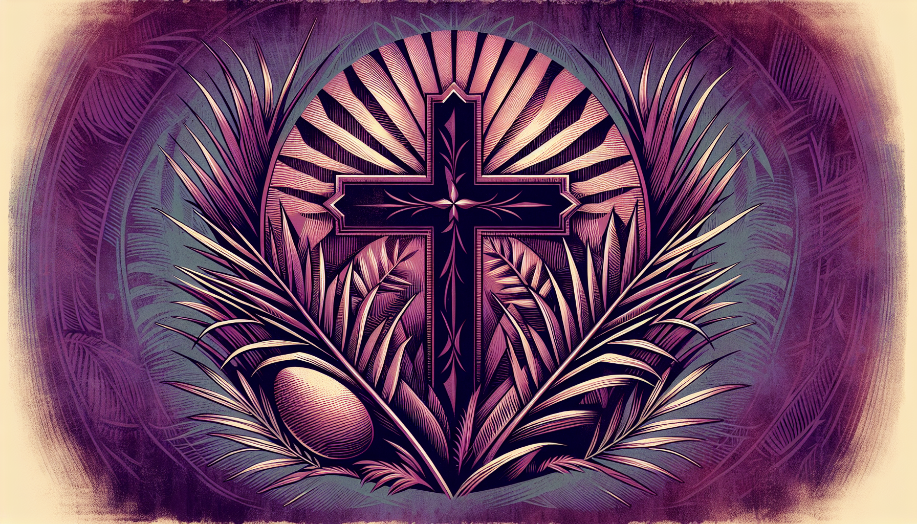 imagen con una cruz, palmas en fondo morado relacionado con la pascua