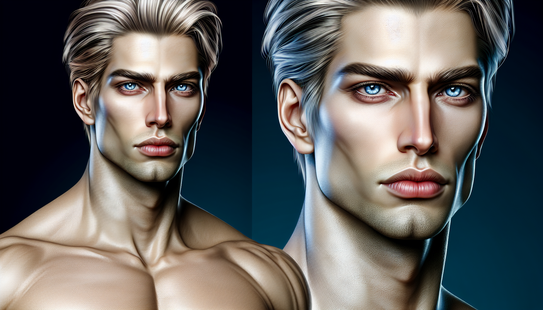 a pale, slender but muscular man with sleek blonde hair and ice-grey eyes and a strong angular jaw