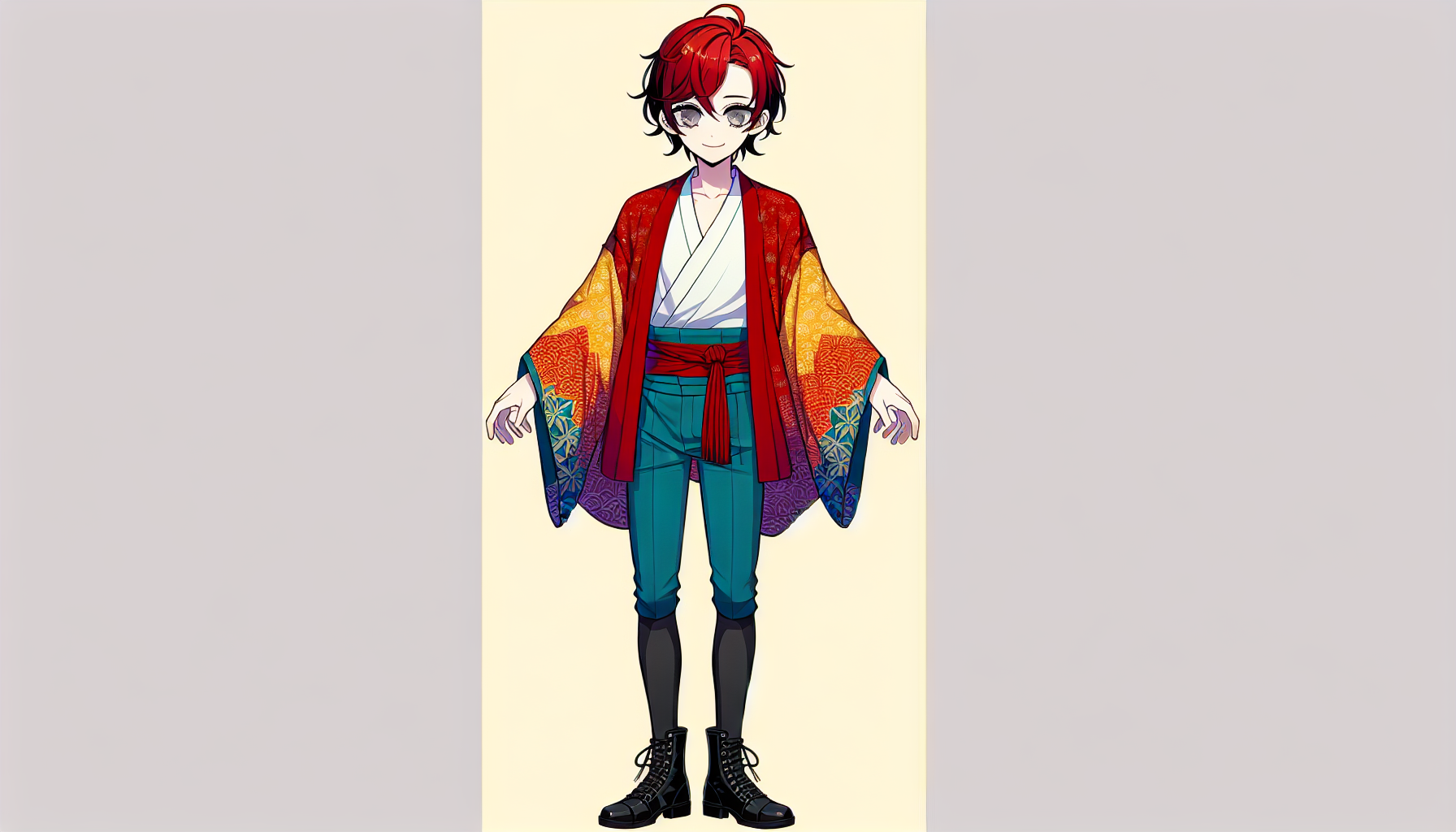 やわらかいタッチ
全身が映っている
７等身
背景なし

赤髪
灰色の眼
大人っぽい少年
微笑み、悲しい表情
下まつげがある

和風な服装に黒いブーツを履いている
派手な羽織
足が長い
立っている