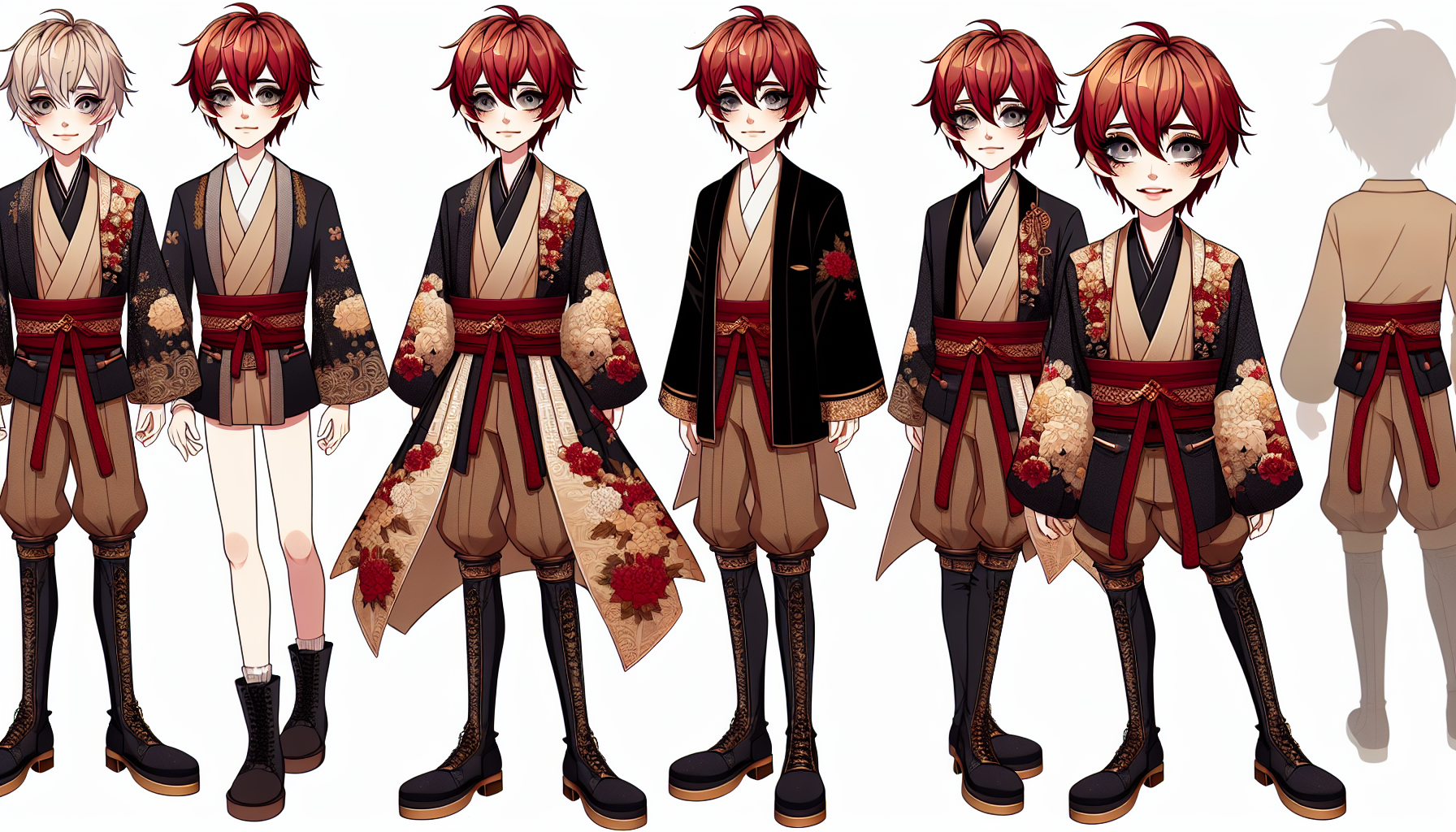 やわらかいタッチ
全身が映っている
７等身
背景なし

赤髪
灰色の眼
大人っぽい少年
美人
微笑み、悲しい表情
下まつげがある

和風な服装に黒いブーツを履いている
派手な羽織
足が長い
立っている