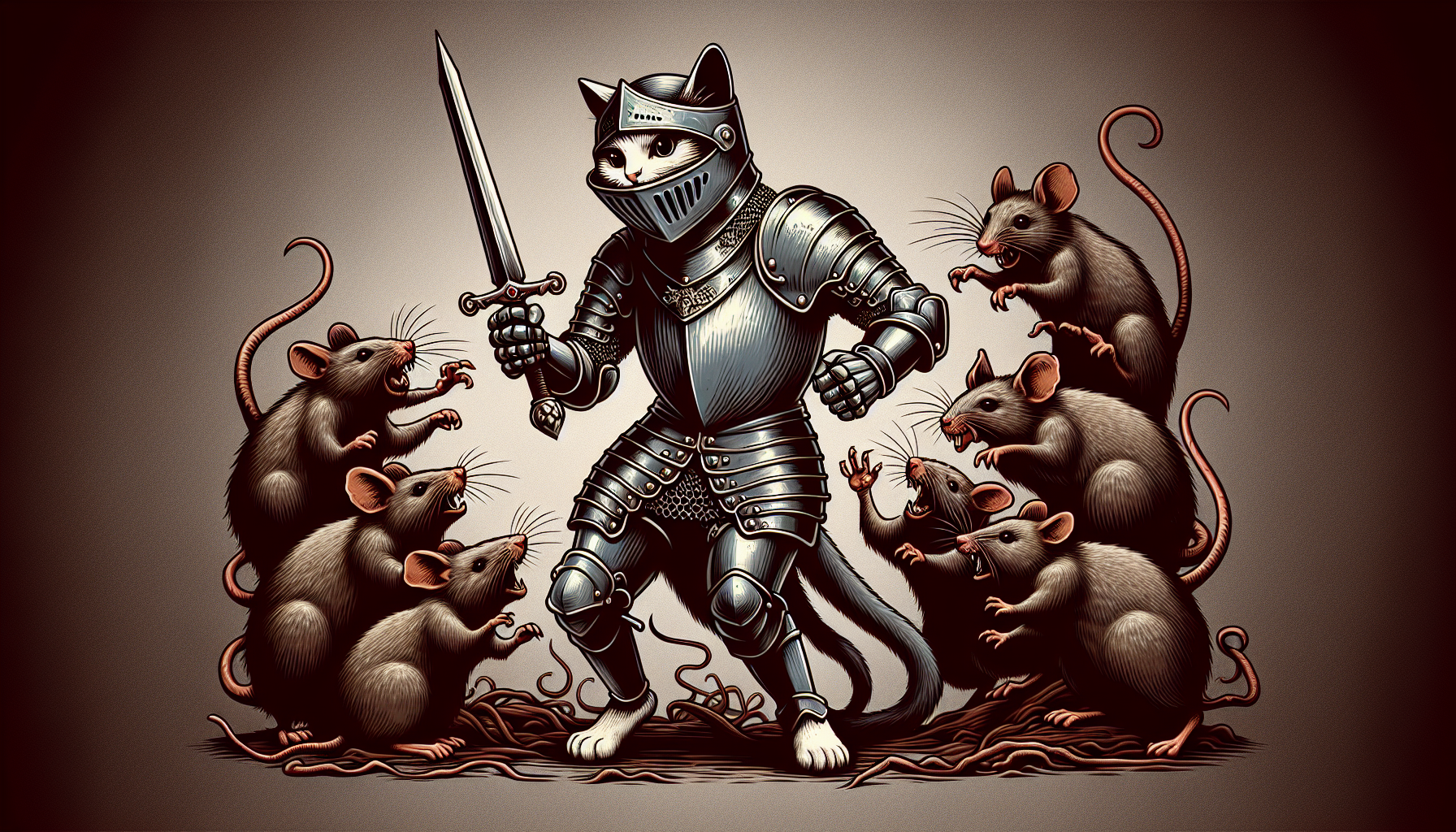 Buatkan saya gambar tentang seorang kesatria kucing yang memakai baju zirah besi dan ia berperang melawan pasukan tikus yang jahat