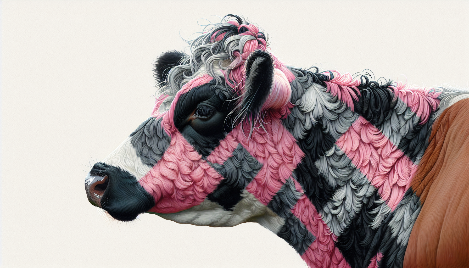 Genera la imagen hiperrealista de un primer plano de la cabeza de una vaca cuyo pelaje forma cuadros escoceses de colores rosa gris y negro