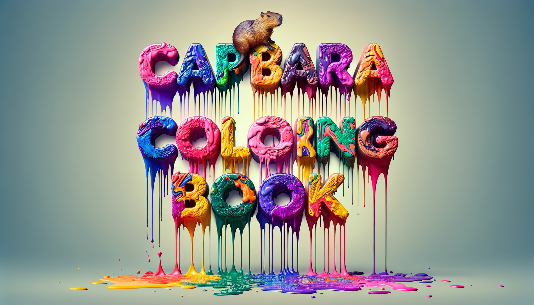 Create the text "Capybara coloring book" with letters dripping with different colored ink.
