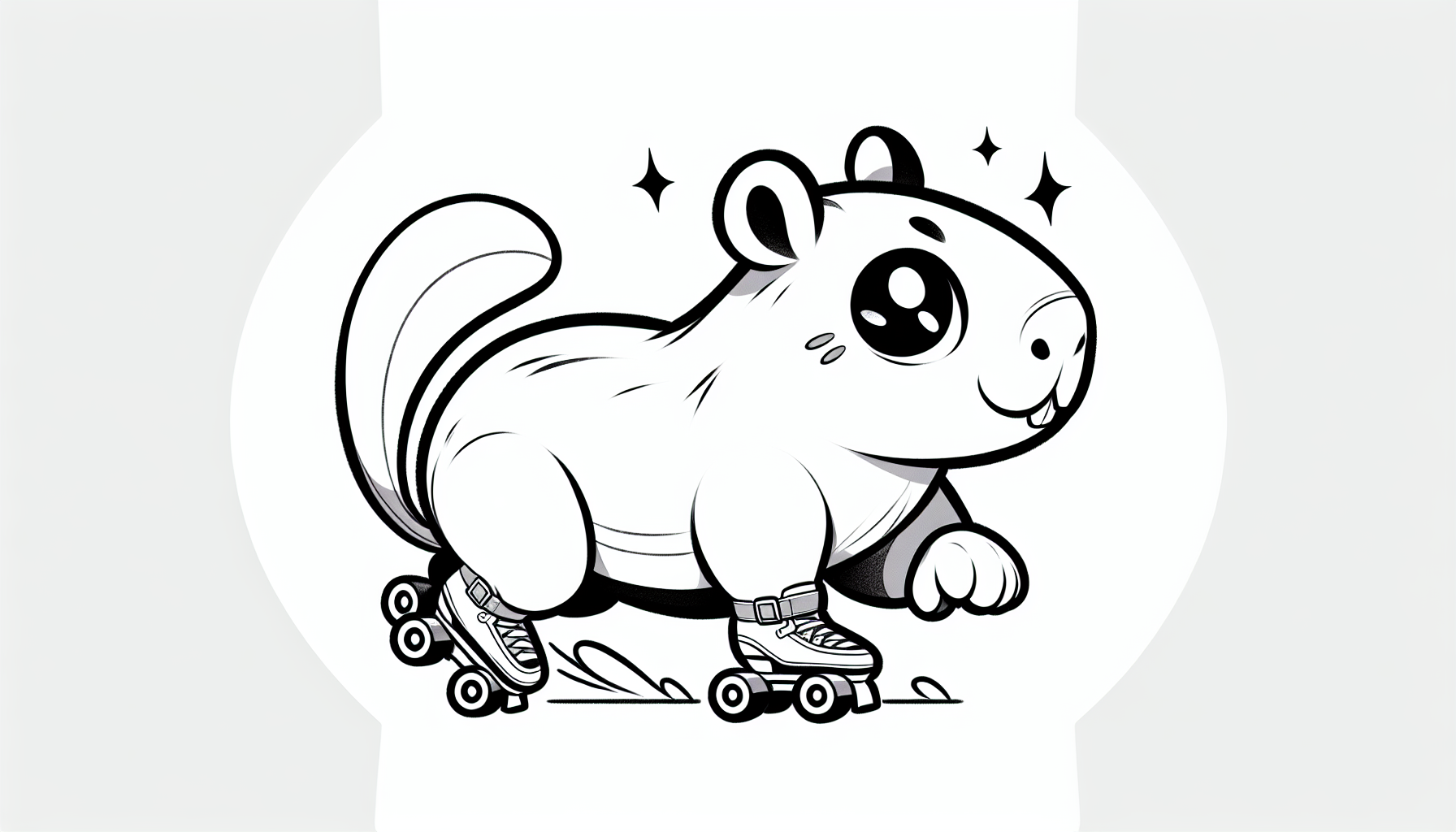 "A cute anime-style capybara wearing roller skates, drawn in bold black-and-white line art with no shading or gradients. The capybara should have large, expressive anime eyes and a happy, playful expression. It stands dynamically on roller skates (quad or inline, clearly visible) with one paw slightly raised as if gliding. The artwork features thick, clean black outlines (like a coloring book) and a plain white background with no details or shadows. The style is simple, cartoonish, and kid-friendly, with emphasis on smooth curves and readable shapes. Optional: add tiny sweat drops or sparkles to show motion.
