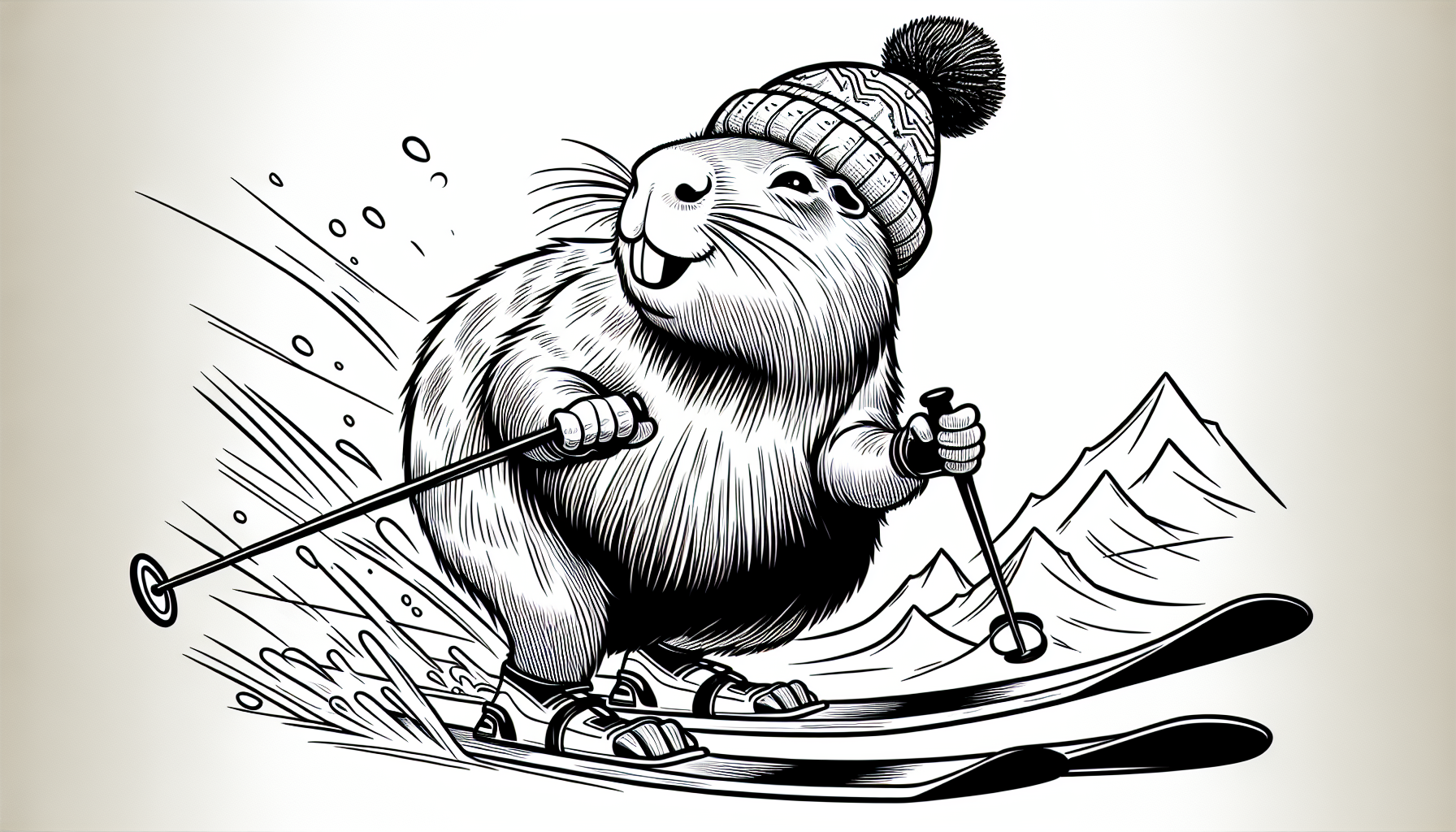 A cheerful anime-style capybara skiing down a slope, illustrated in bold black-and-white line art with no shading or gradients. The capybara has large, expressive anime eyes, a happy grin, and wears a cute winter beanie. It's posed dynamically on skis (both skis clearly visible, slightly angled for motion), with ski poles in its paws. The artwork uses thick, uniform black outlines (3-5px) like a coloring book, with no fine details or textures. The background is entirely white—no mountains, snow, or shadows. Style is simple and playful, with exaggerated motion (optional: add subtle speed lines or snow spray behind the skis).
