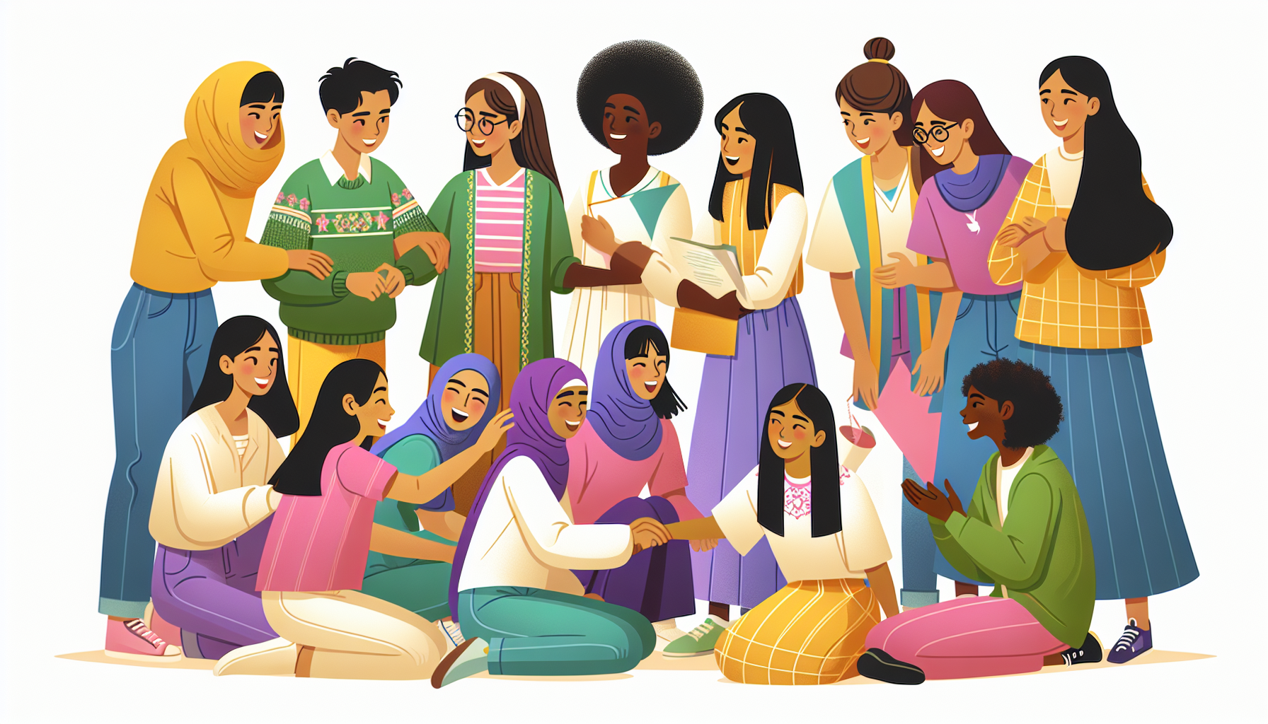 A group of girls helping each other – one helping another who has fallen, girls sharing ideas, girls cheering each other on
