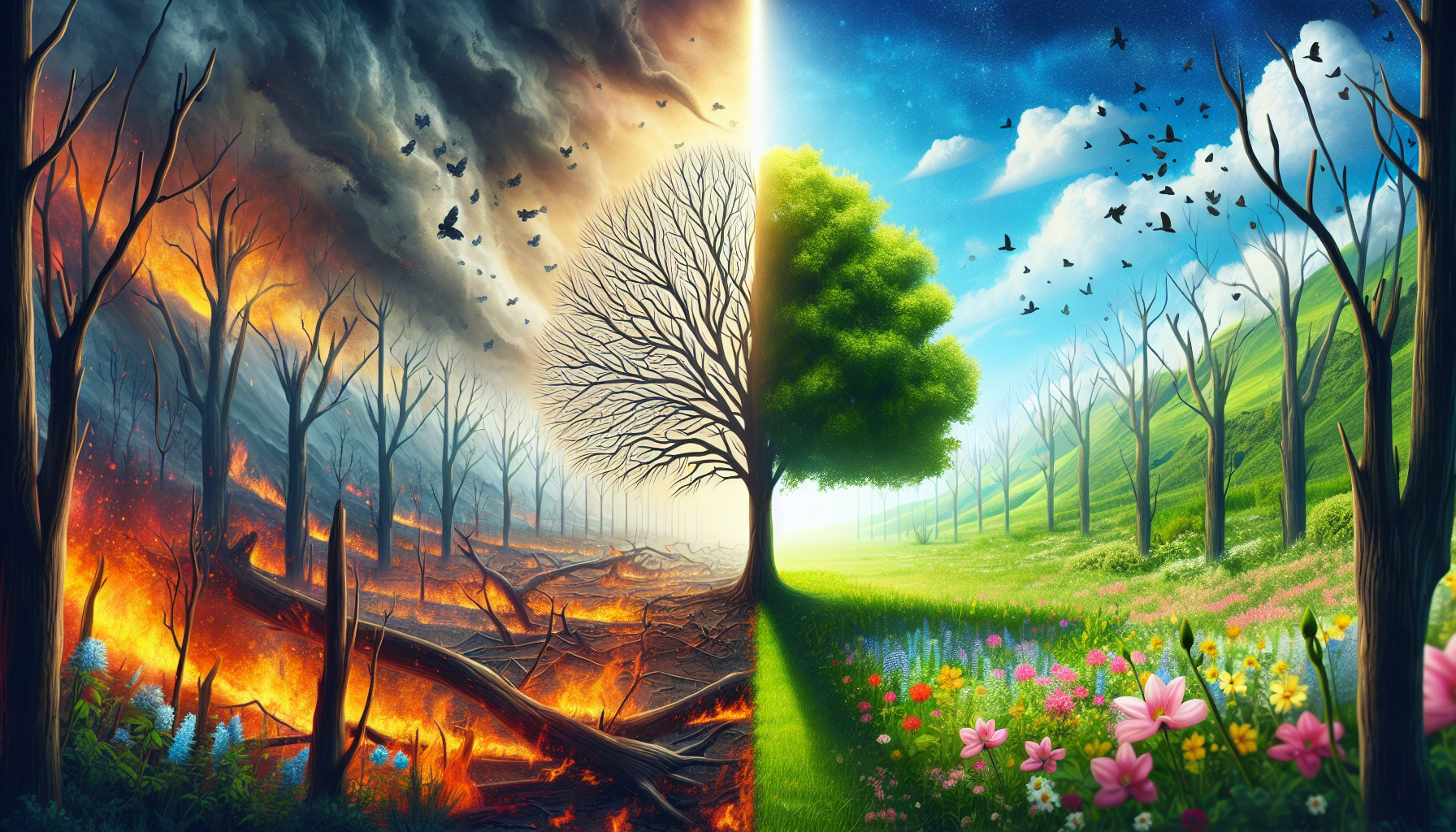 a picture of a tree that is perfeclty separated in two part by a line on the middle and one side of the tree is dead and the background is fire burning and fallen lands and the other side of the tree is a perfectly blooming background with a beautiful green tree and some sun and flowers in the back portrait picture