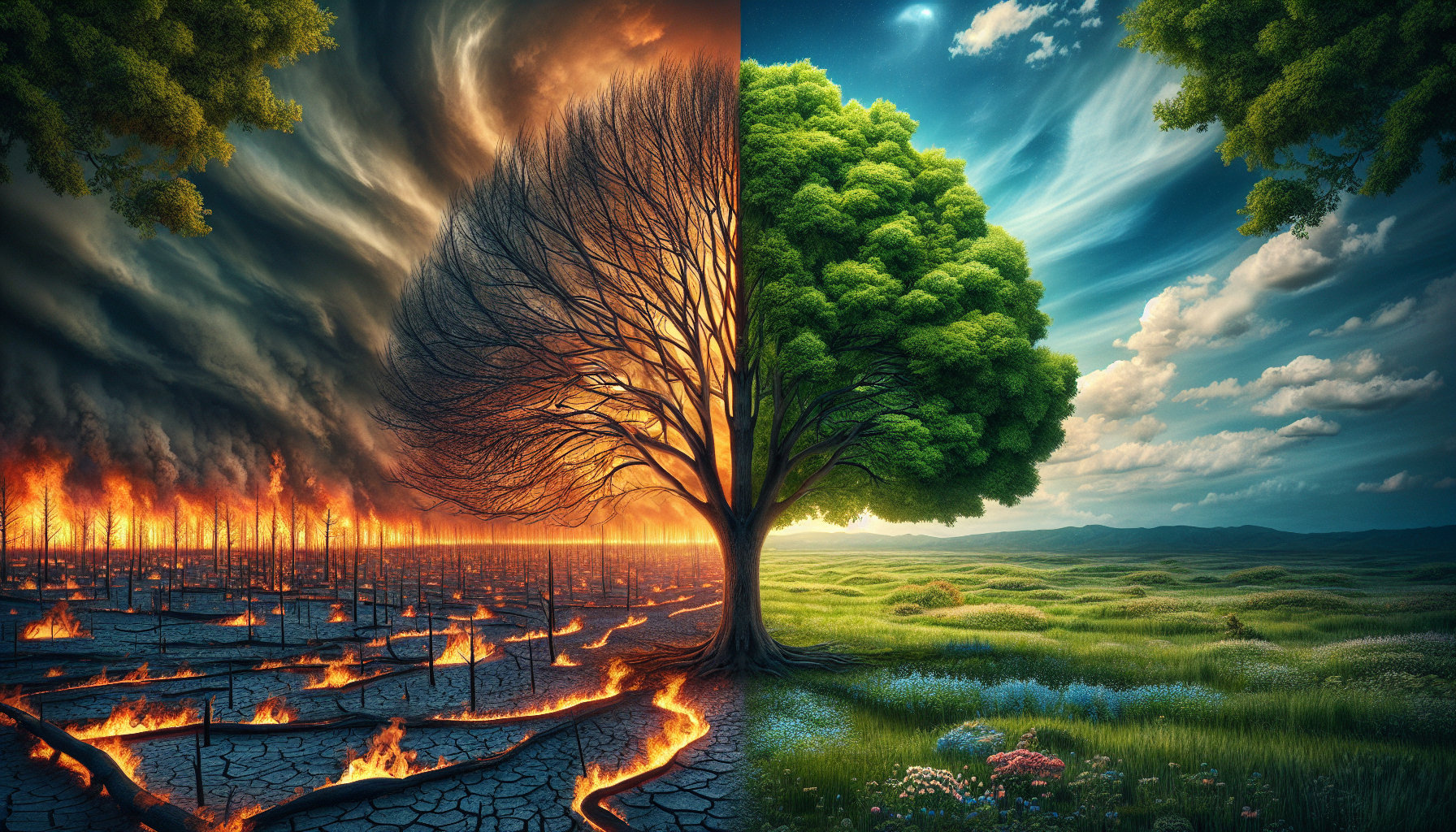 A visually stunning, vertically symmetrical portrait of a single tree perfectly divided down the middle. On the left side, the tree is lifeless, with charred branches and no leaves, set against a dramatic background of fire, burning skies, and scorched, cracked earth. On the right side, the tree is lush and full of green leaves, bathed in sunlight with a vibrant background of blooming flowers, clear skies, and healthy green grass. The contrast between destruction and life is striking, with vivid details and rich colors emphasizing the duality of nature and renewal
