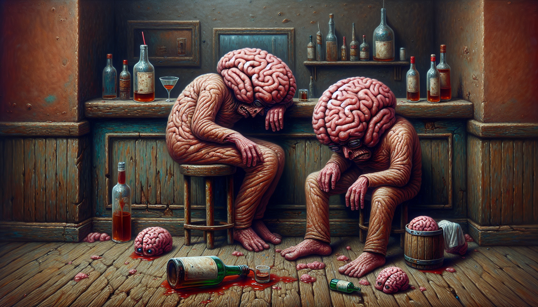 Create a dark surreal image of two anthropomorphic brains in a bar/they are side by side at the bar/one is passed out head down on the bar/the other brain looks unhappy and depressed/there is an almost empty liquor bottle on the bar as well as a tipped over glass and spilled drink/typical dive bar background/muted colors/dark/gritty/grungy/32k maximalist/dark dark surreal concept art/meticulously composed/fine art