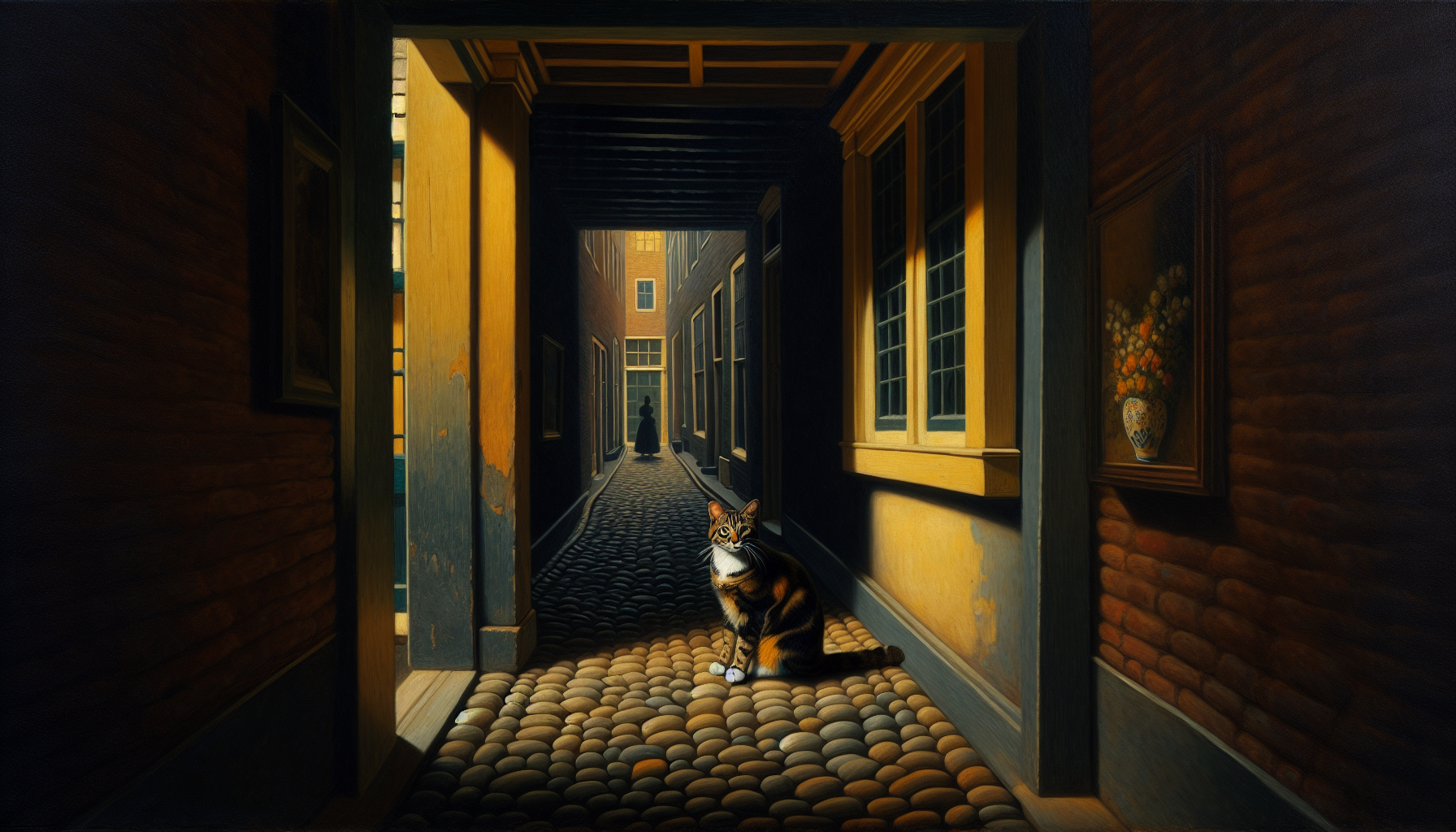 a colorful dead end passageway with a cat inspired by johannes vermeer