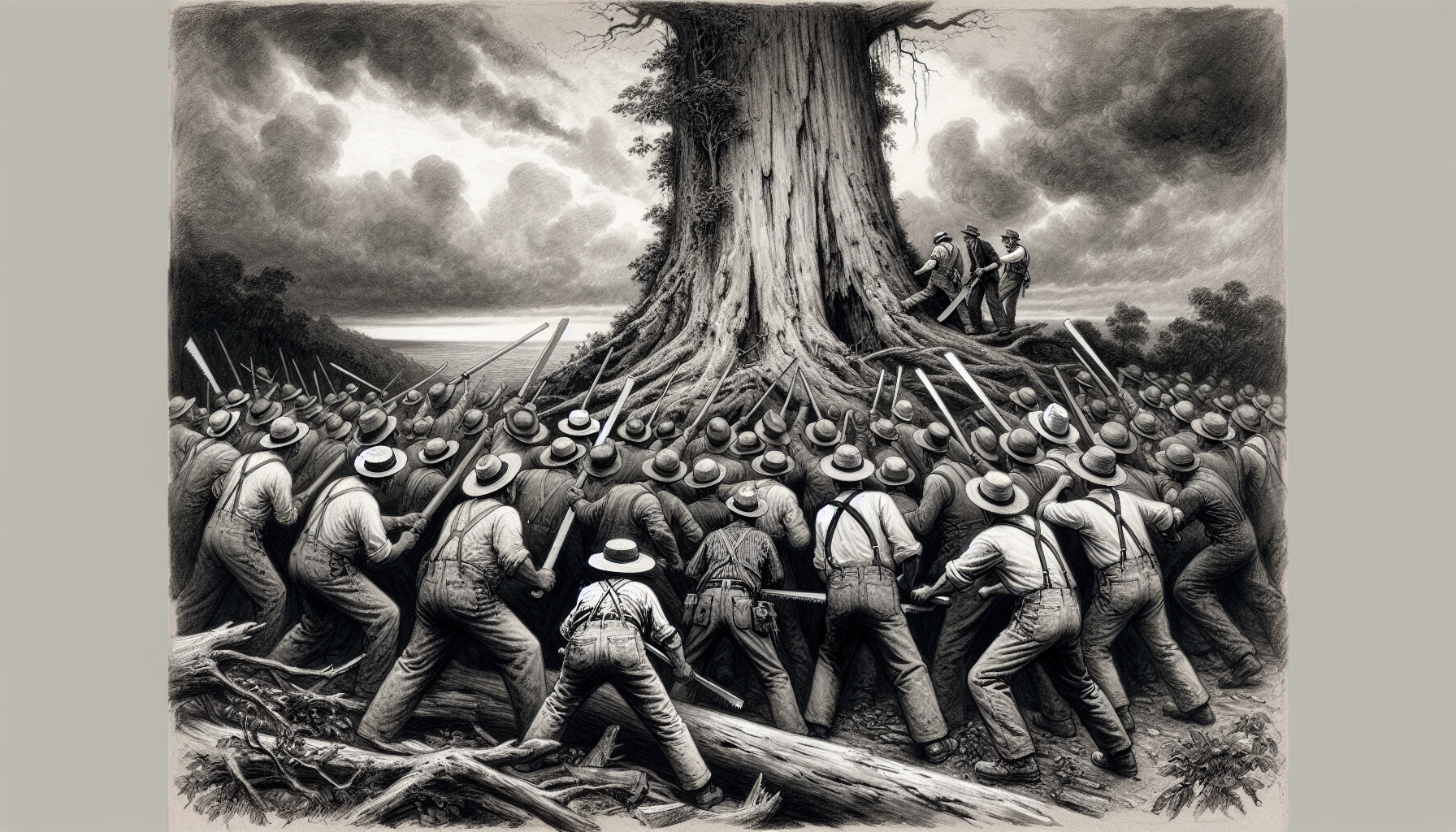 A group of workers with saws approaching an old tree, dramatic tension in the scene. Cloudy sky, muted tones. Charcoal and watercolor illustration, expressive strokes, emotionally charged composition
