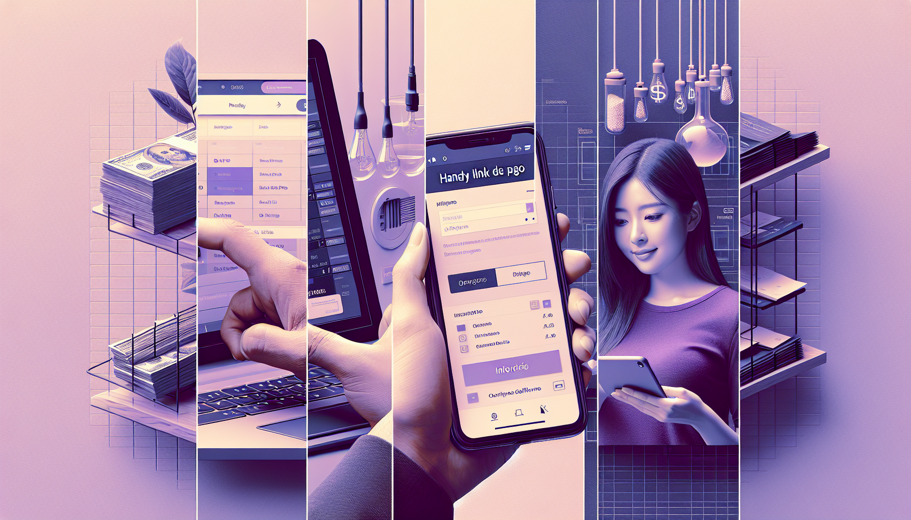 16:9 aspect ratio, realistic photo, sober modern aesthetic. Split screen or collage showing diverse modern commerce scenarios: hand using Handy link de pago on phone, laptop showing an online store backend with violet UI, clean invoicing software interface. Focus on functionality